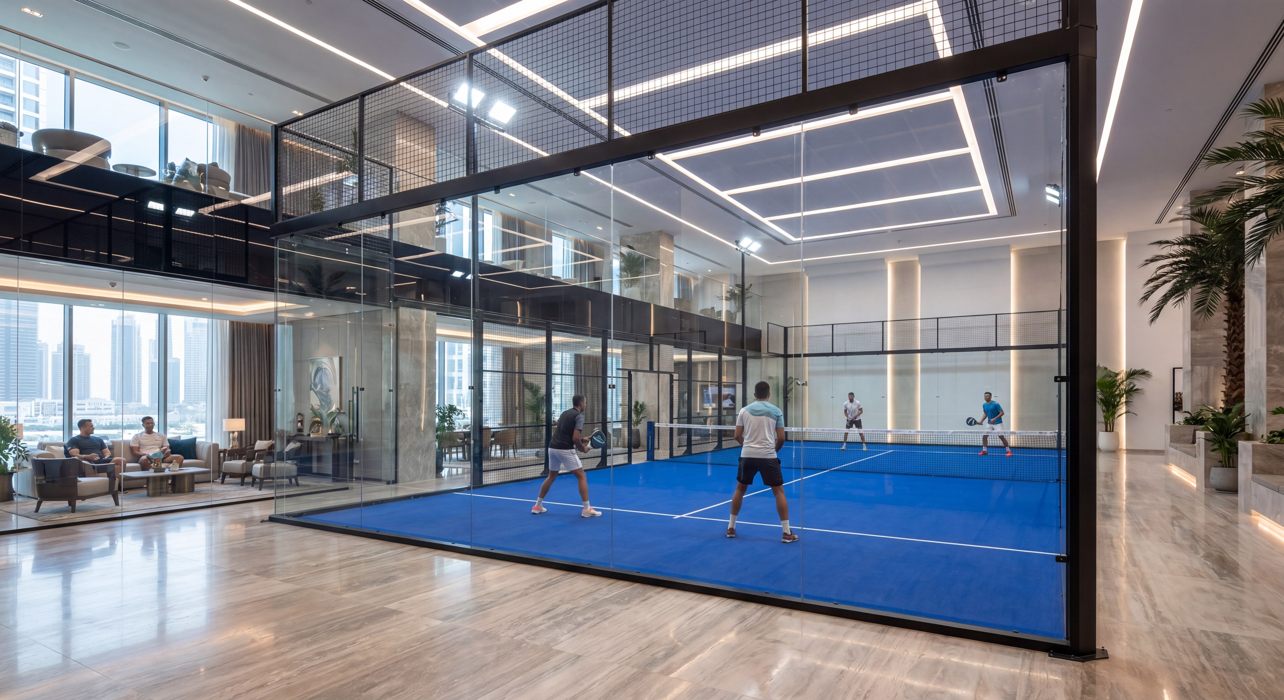 An action shot of a high-end padel game being played in a luxury Dubai setting