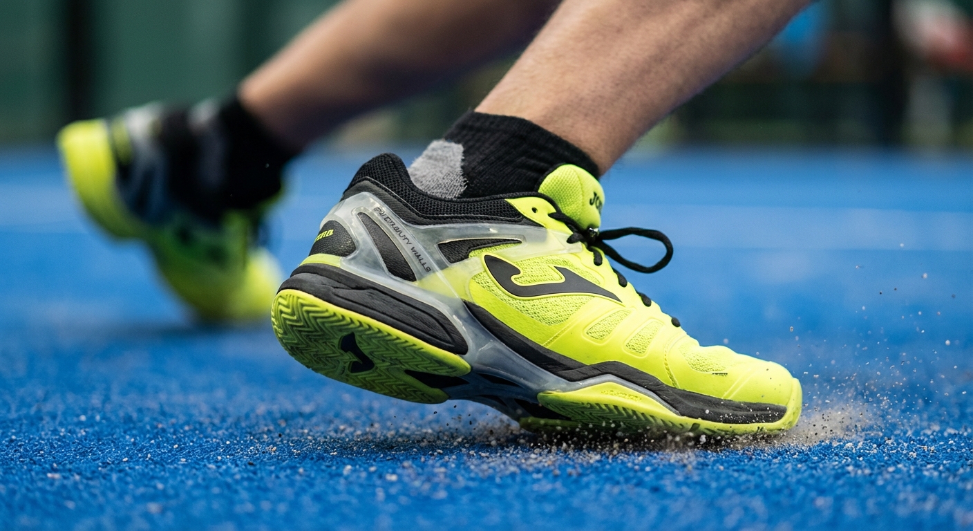 Photorealistic close-up of a shoe undergoing lateral stress testing in a lab