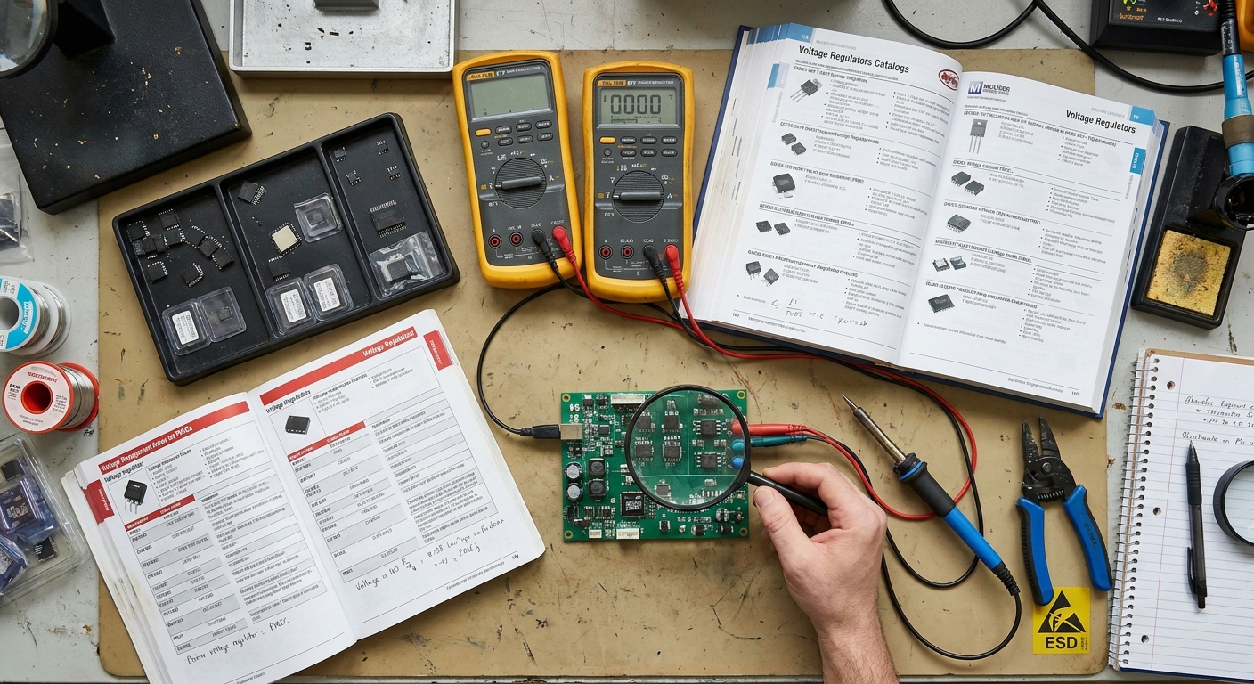 Electrical engineer workspace looking through voltage regulator catalogs with multi-meters on the bench