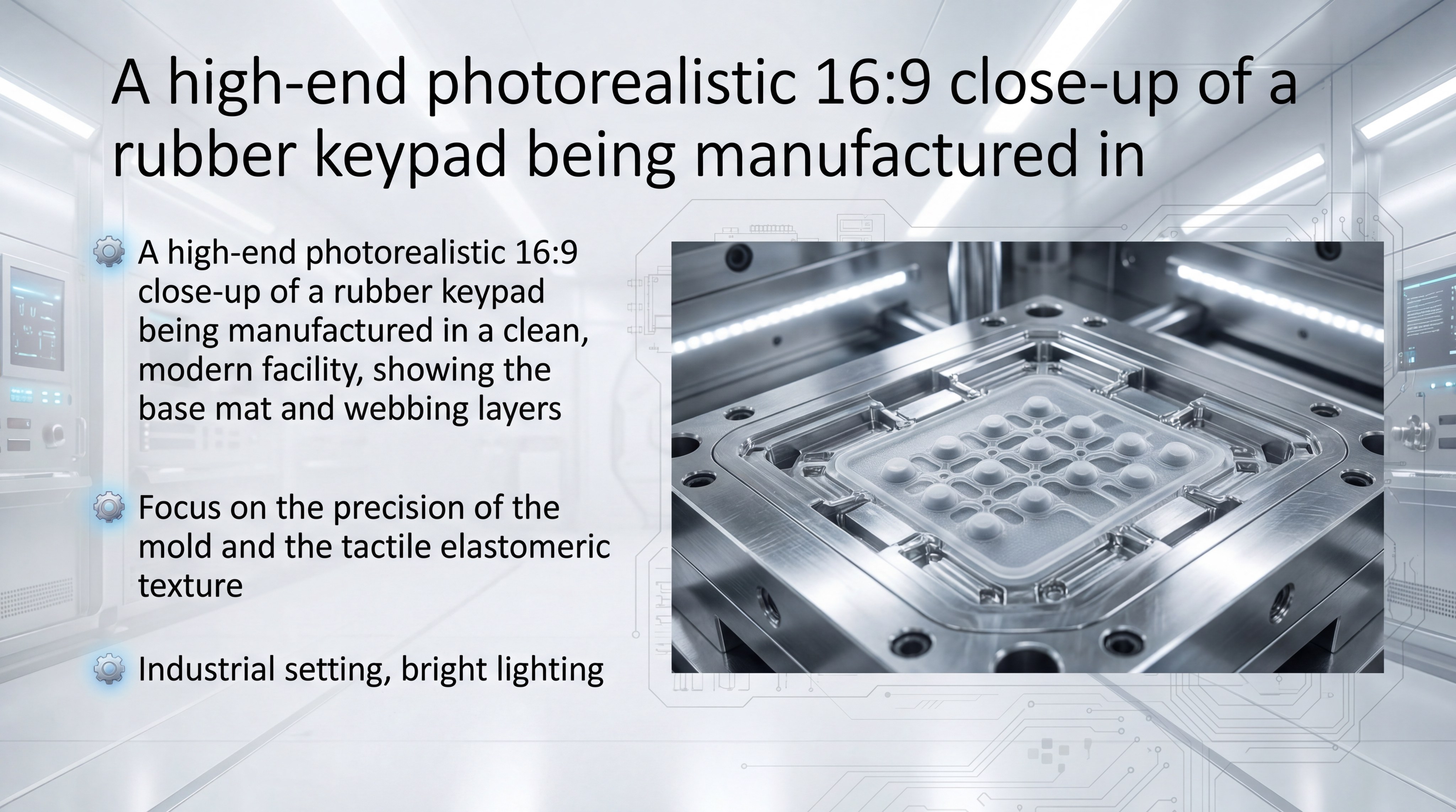 A high-end photorealistic 16:9 close-up of a rubber keypad being manufactured in a clean, modern facility, showing the base mat and webbing layers.