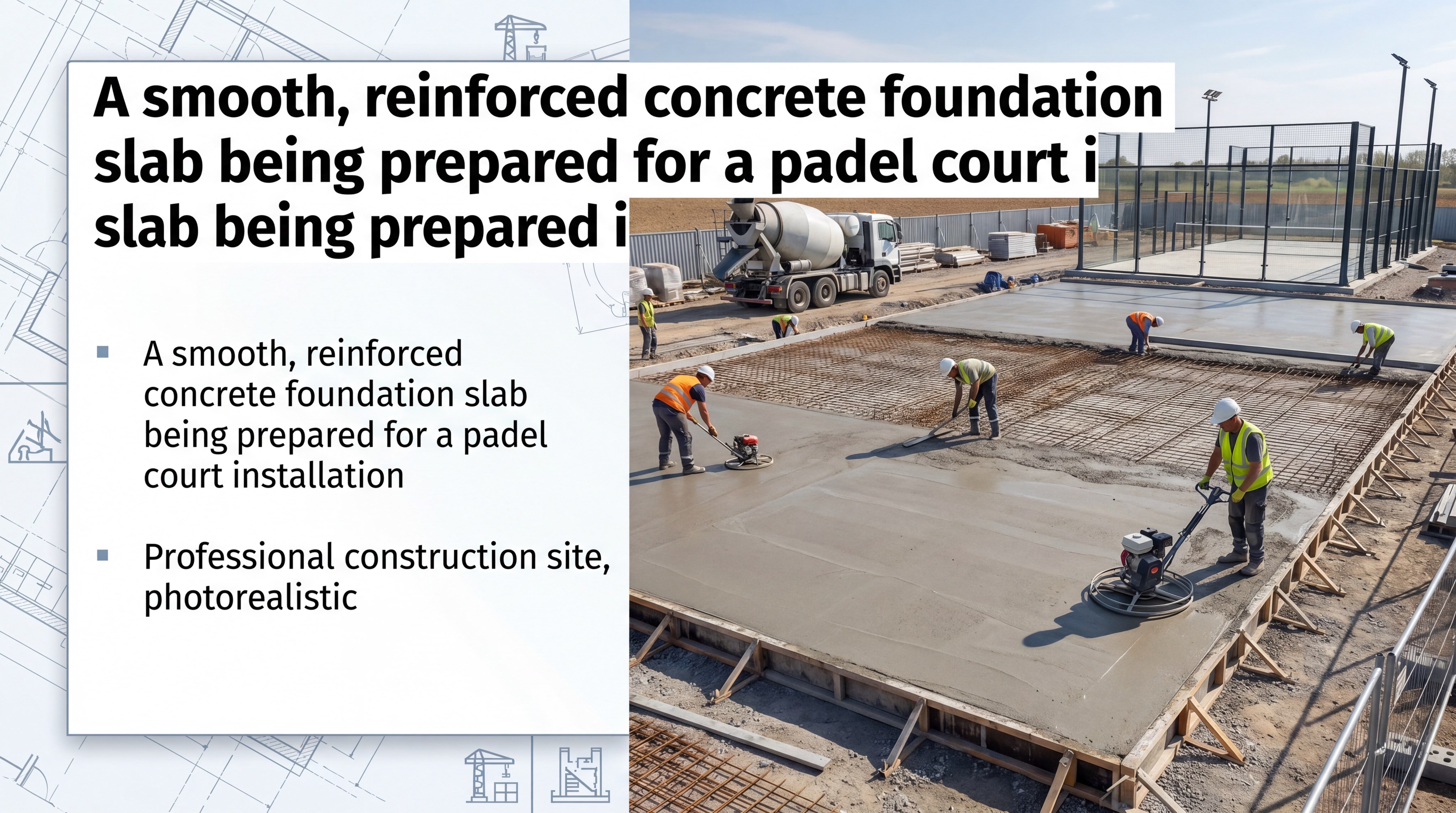 A smooth, reinforced concrete slab being prepared for a padel court installation