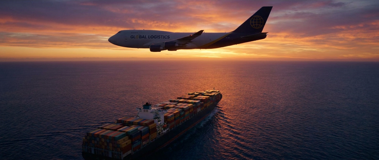 Strategic global logistics network showing cargo aircraft and cargo ship transporting dropshipping orders.