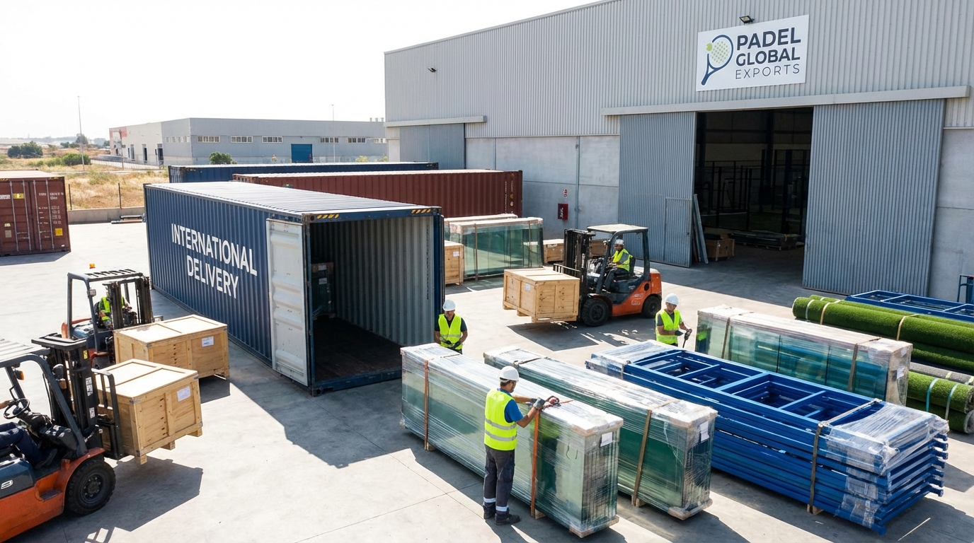Padel court components being loaded into a shipping container