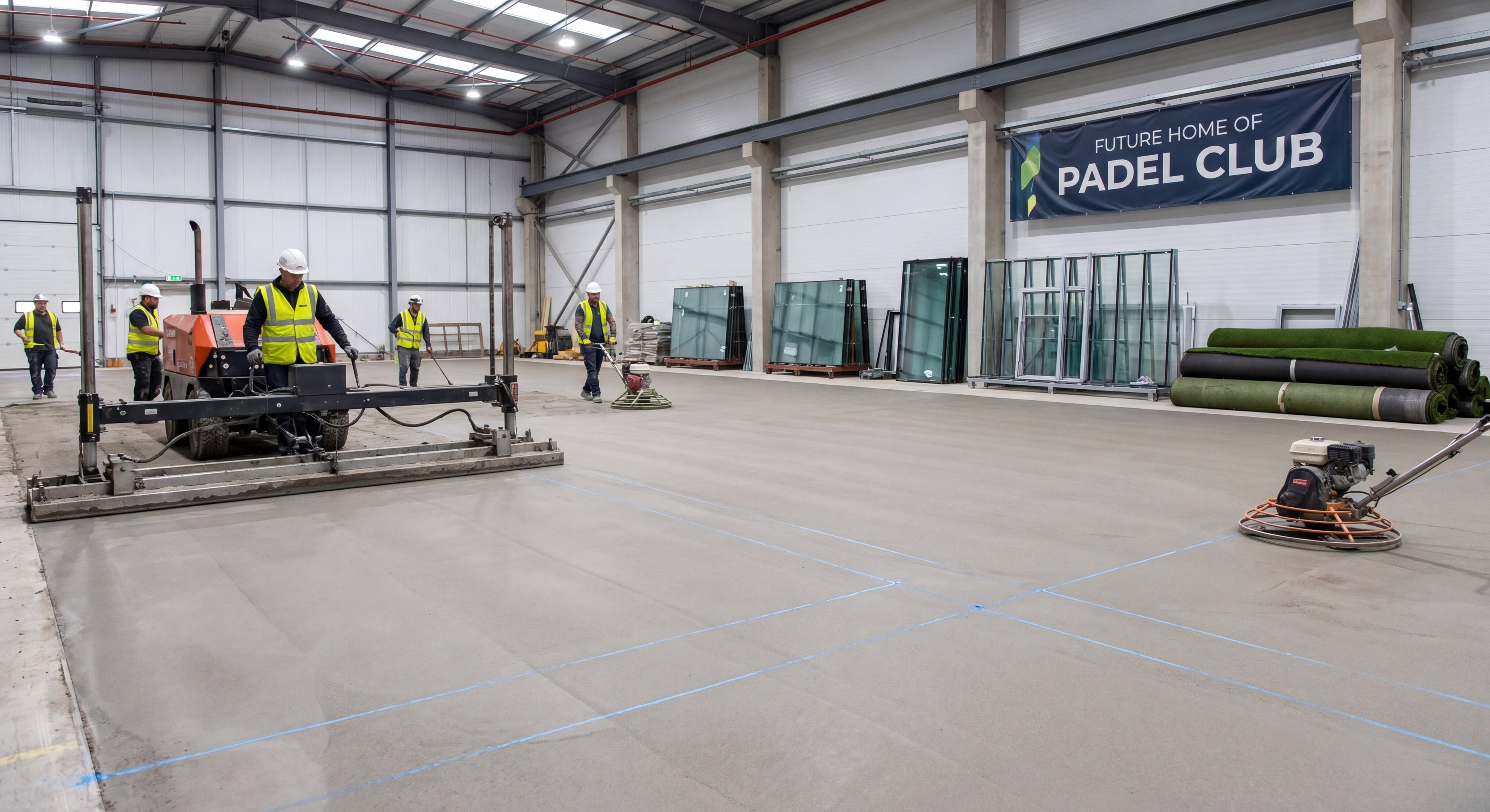 A laser-leveled concrete floor being prepared for padel court installation