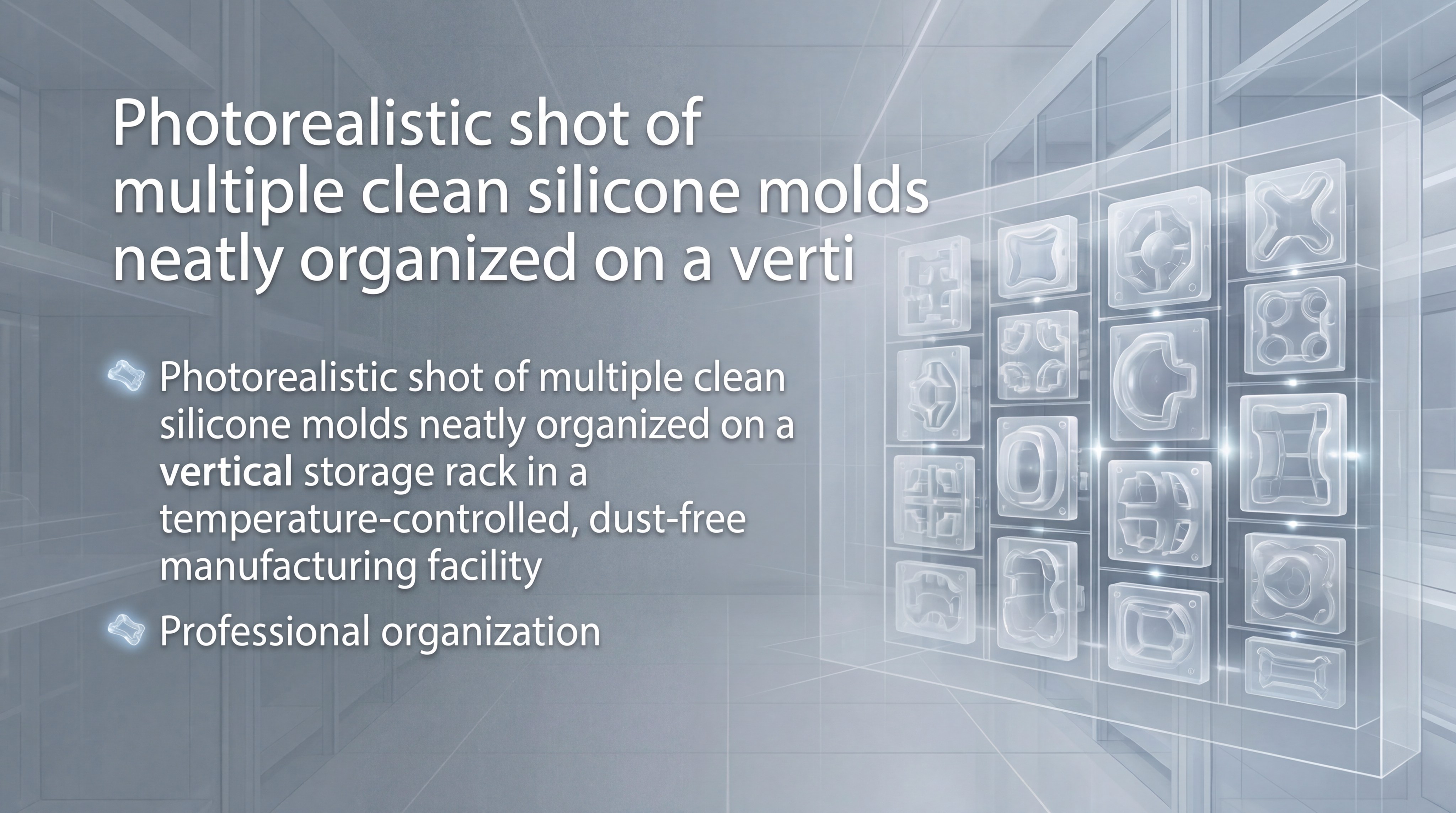 Photorealistic shot of multiple clean silicone molds neatly organized on a vertical storage rack in a temperature-controlled, dust-free manufacturing facility