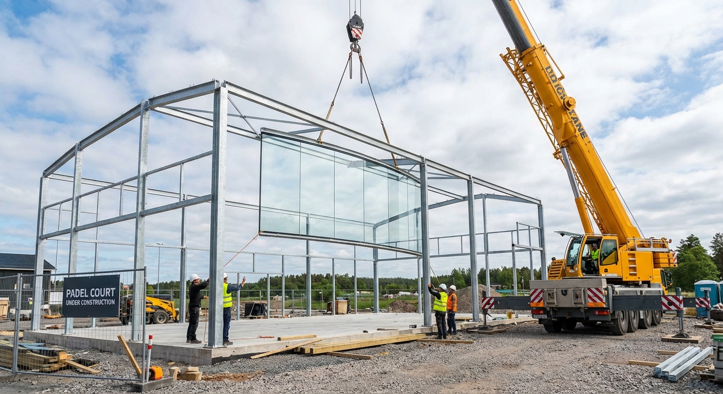 Photorealistic construction site view showing a crane lowering a large panoramic glass panel into a galvanized steel frame.