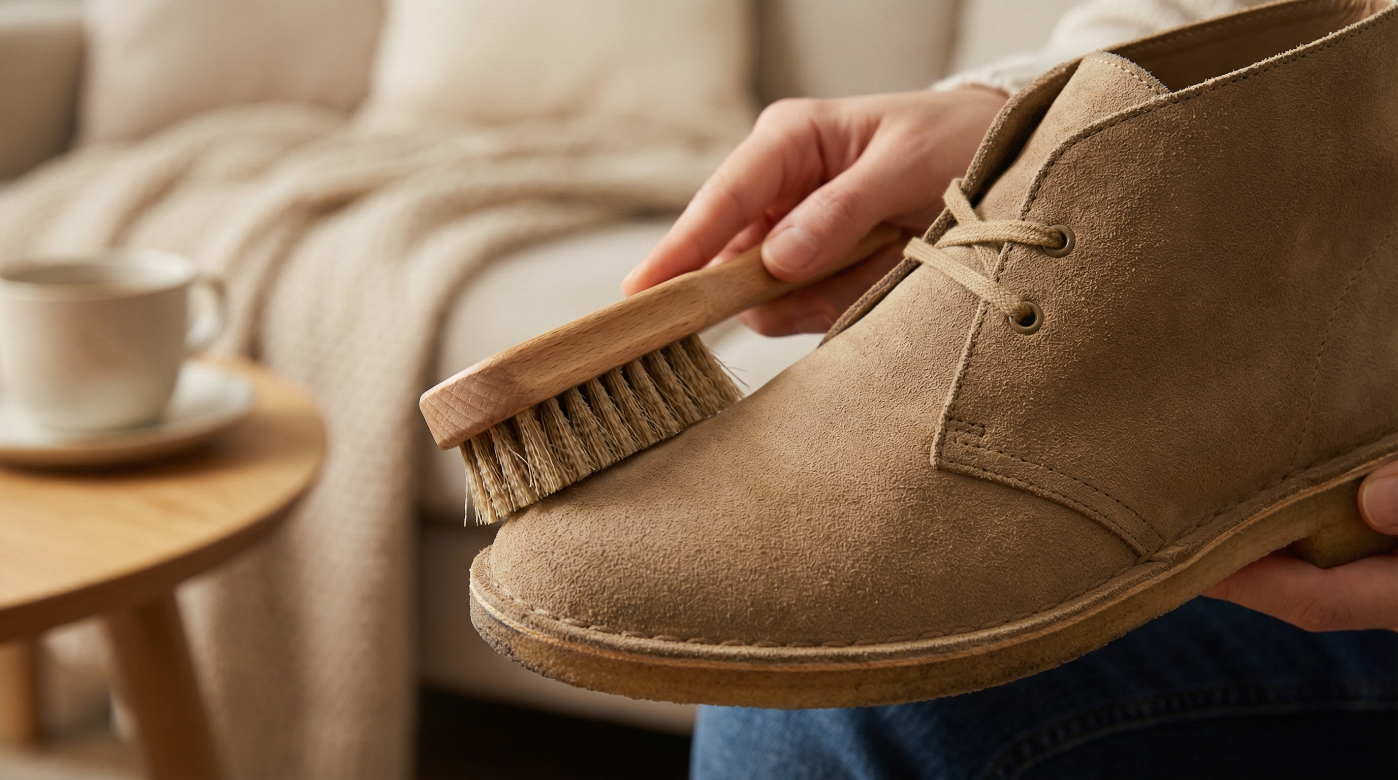A person using a specialized suede brush to restore the nap and texture of a tan suede chukka boot after it has been cleaned and dried.