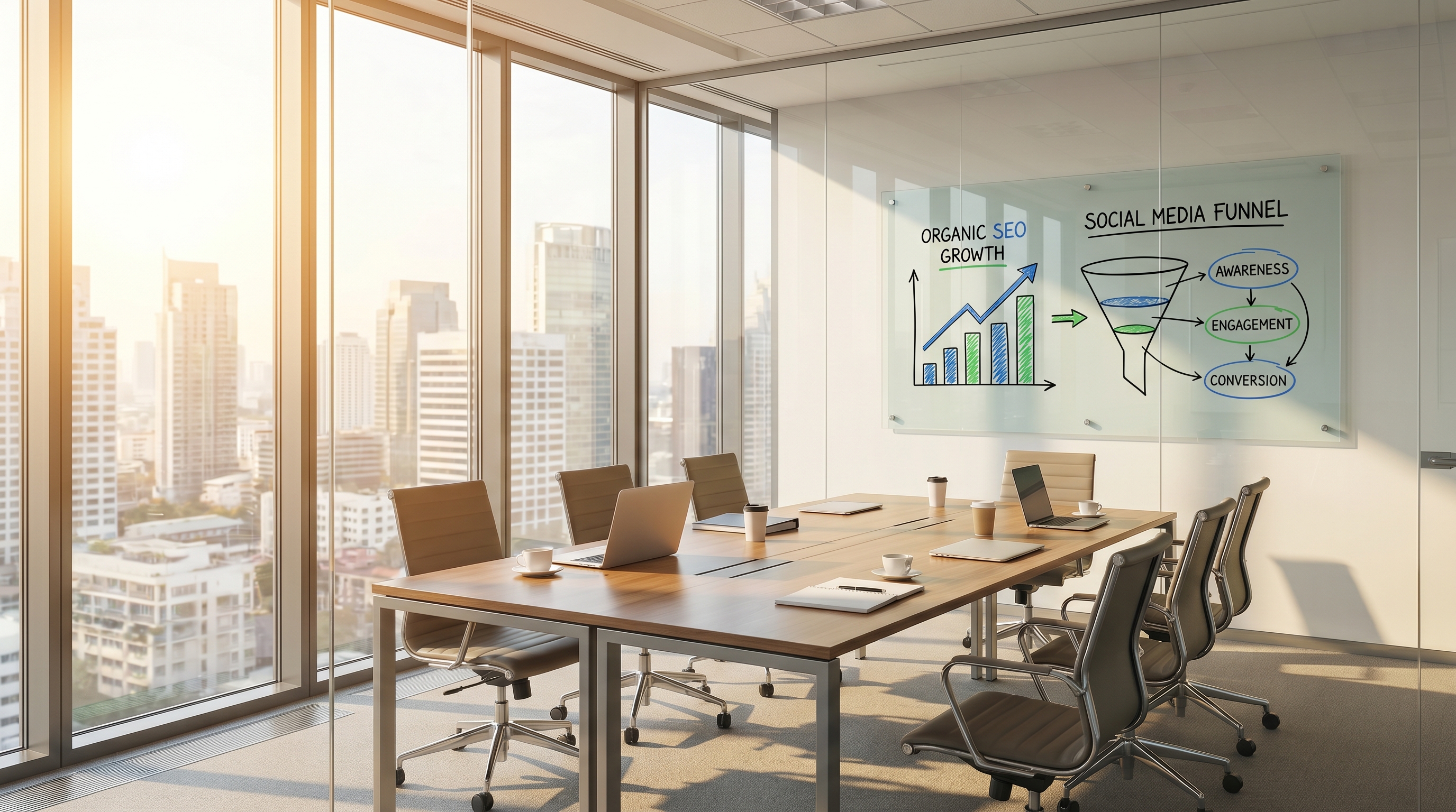 Office board displaying organic SEO funnel and digital marketing steps