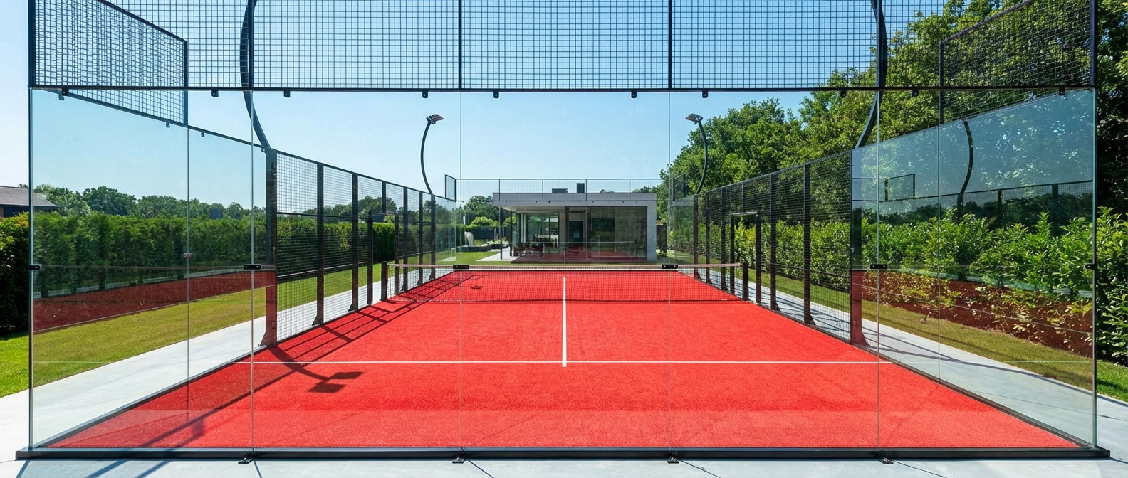 A photorealistic "Super Panoramic" court with no vertical steel pillars in the glass back-walls, featuring a vibrant red turf.