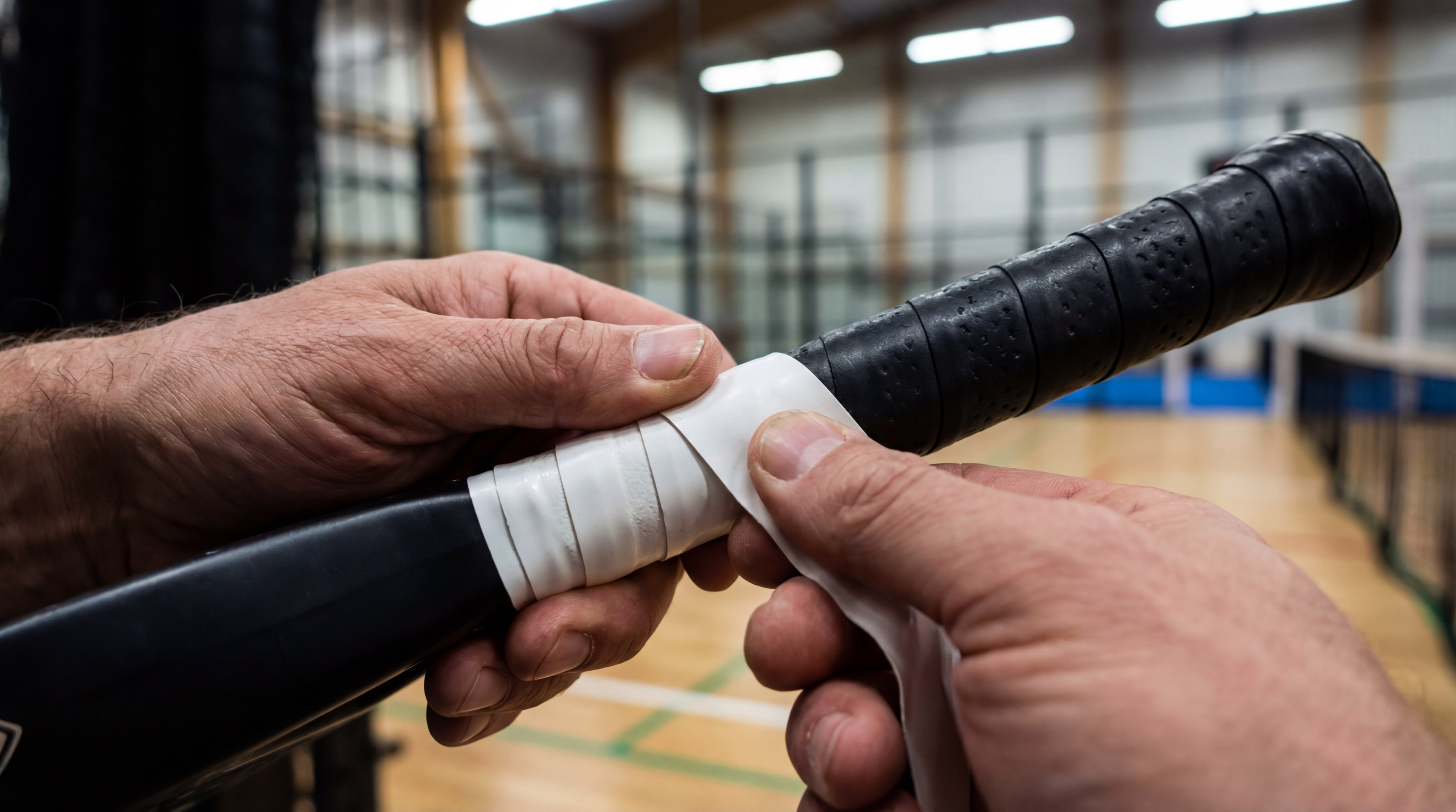player applying white overgrip