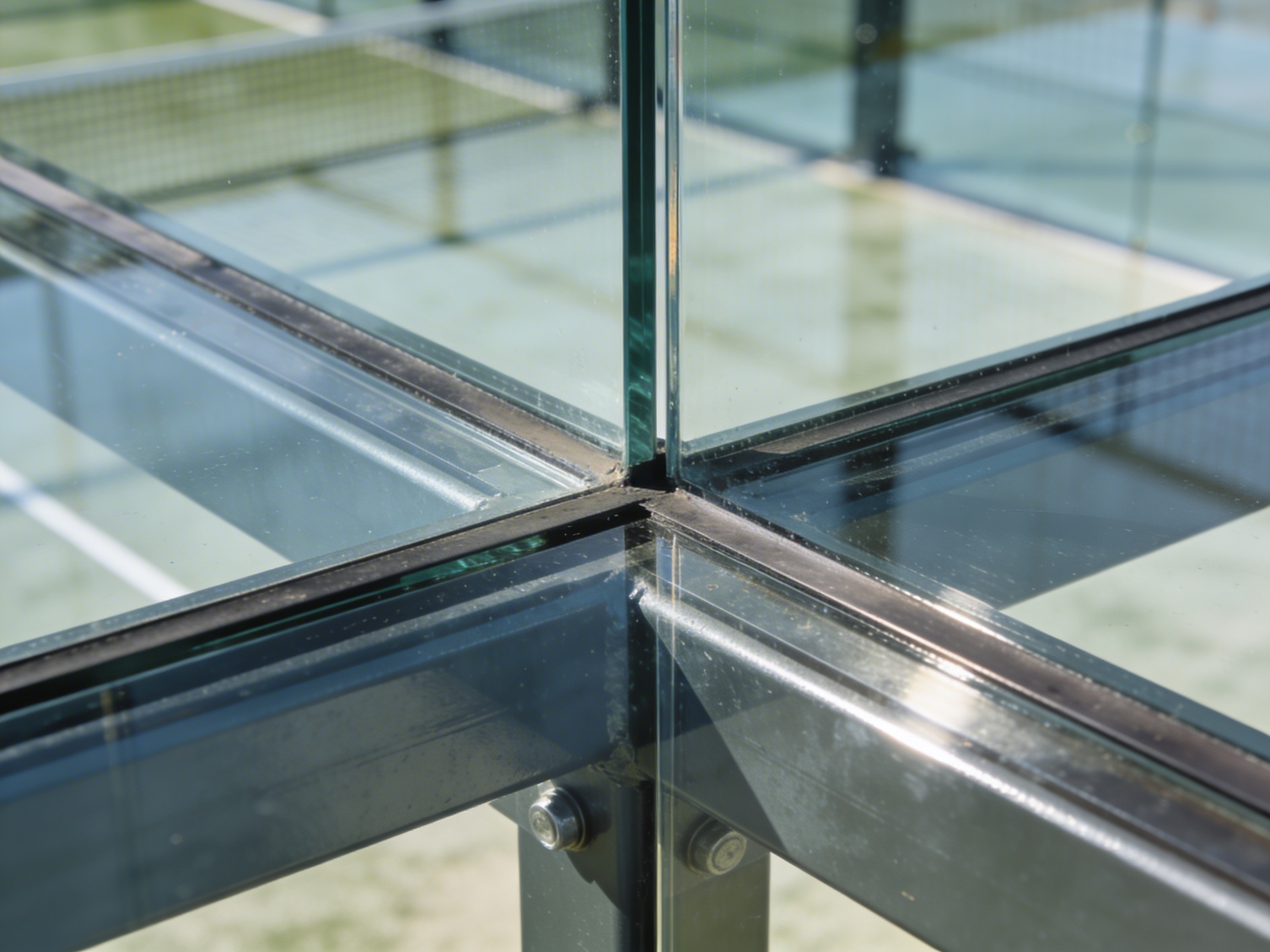 Padel court glass panels closeup