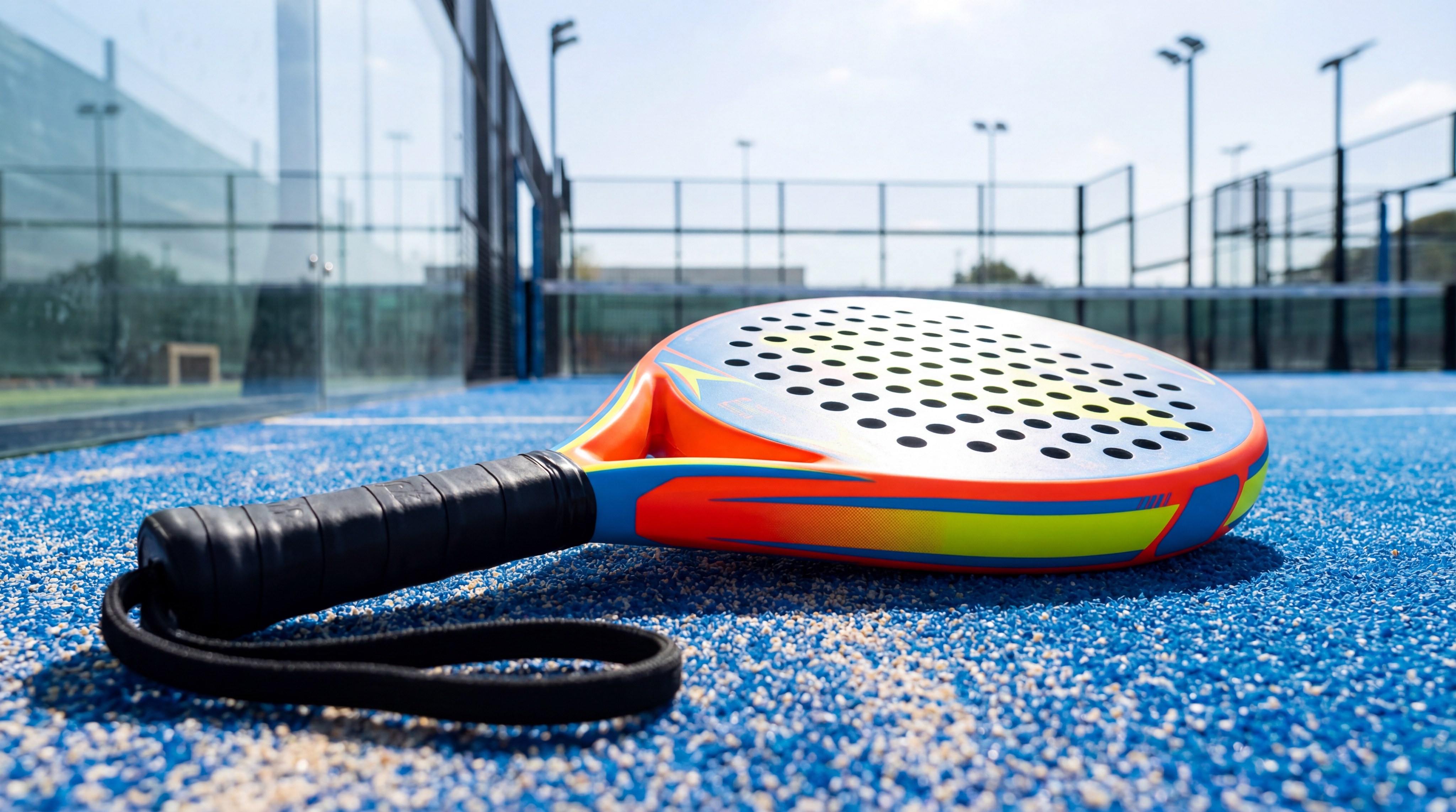 A round-shaped padel racket with a large hitting surface and bright colors for visibility