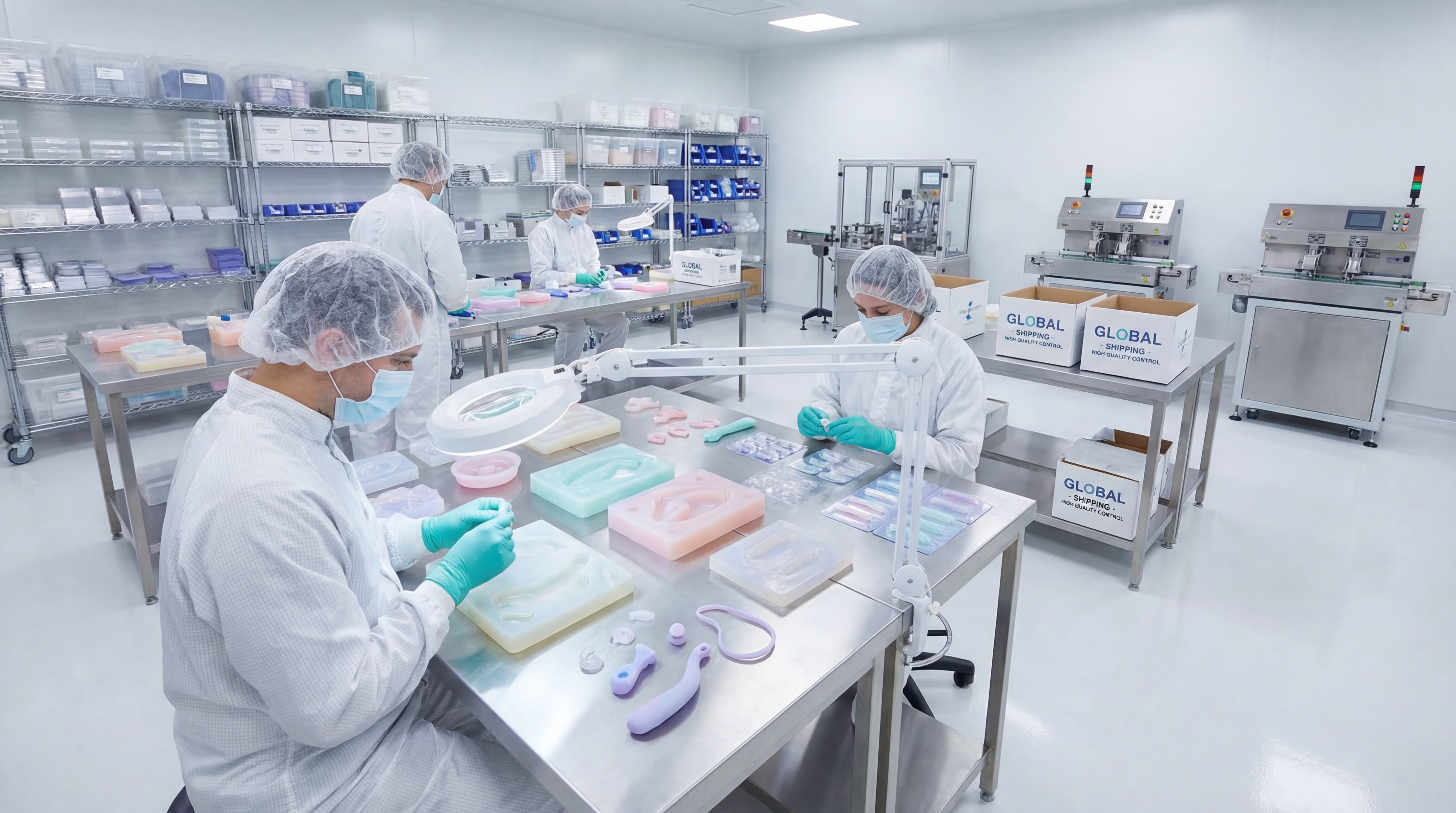 Quality control specialists inspecting silicone molds in a cleanroom environment