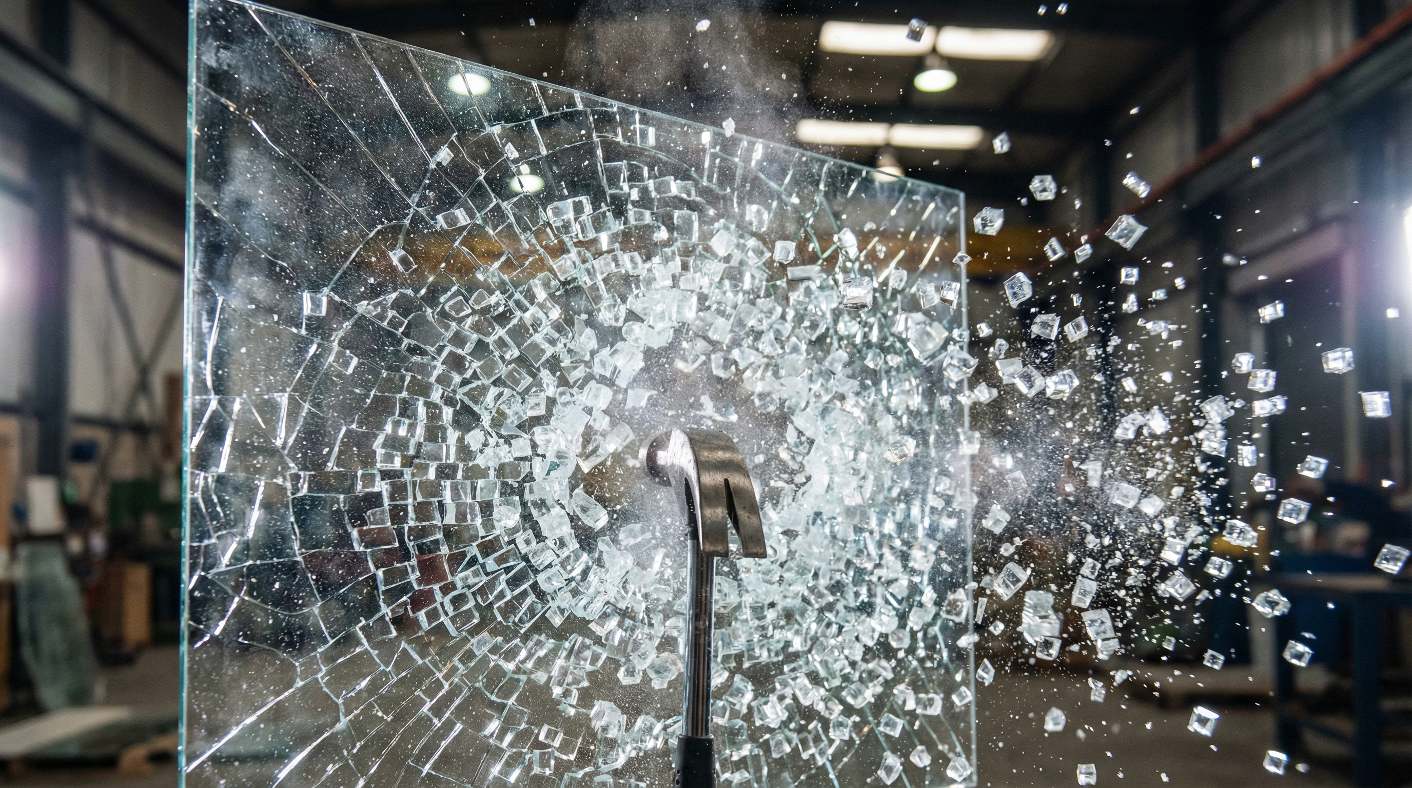 High speed photograph of shattering tempered glass