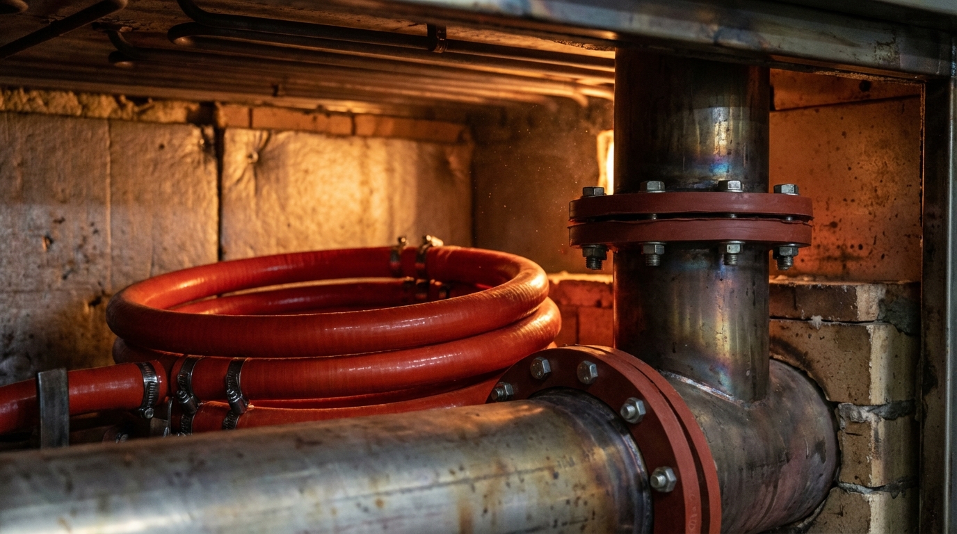 Industrial red silicone tubing and gaskets are installed on a heavy-duty piping system designed for high-temperature fluid transport.