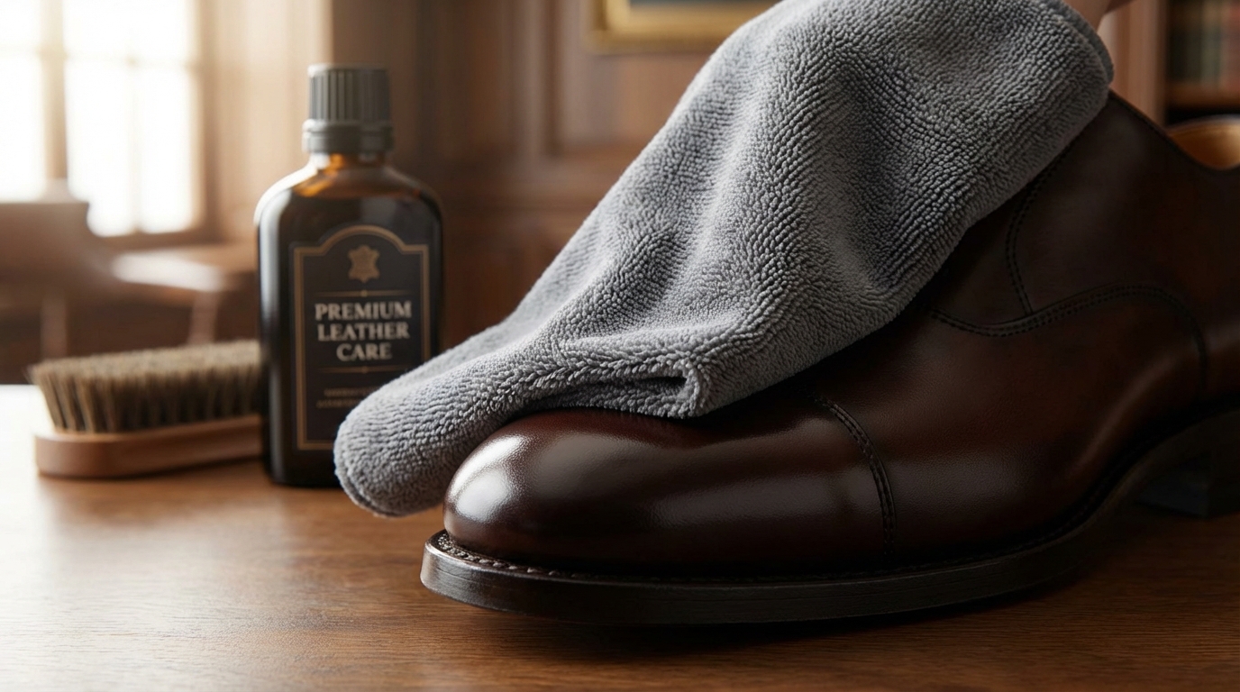 A person using a microfiber cloth and leather cleaner on a brown dress shoe