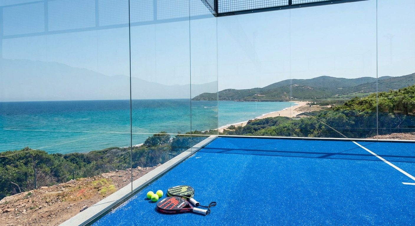 Panoramic glass padel court interior view