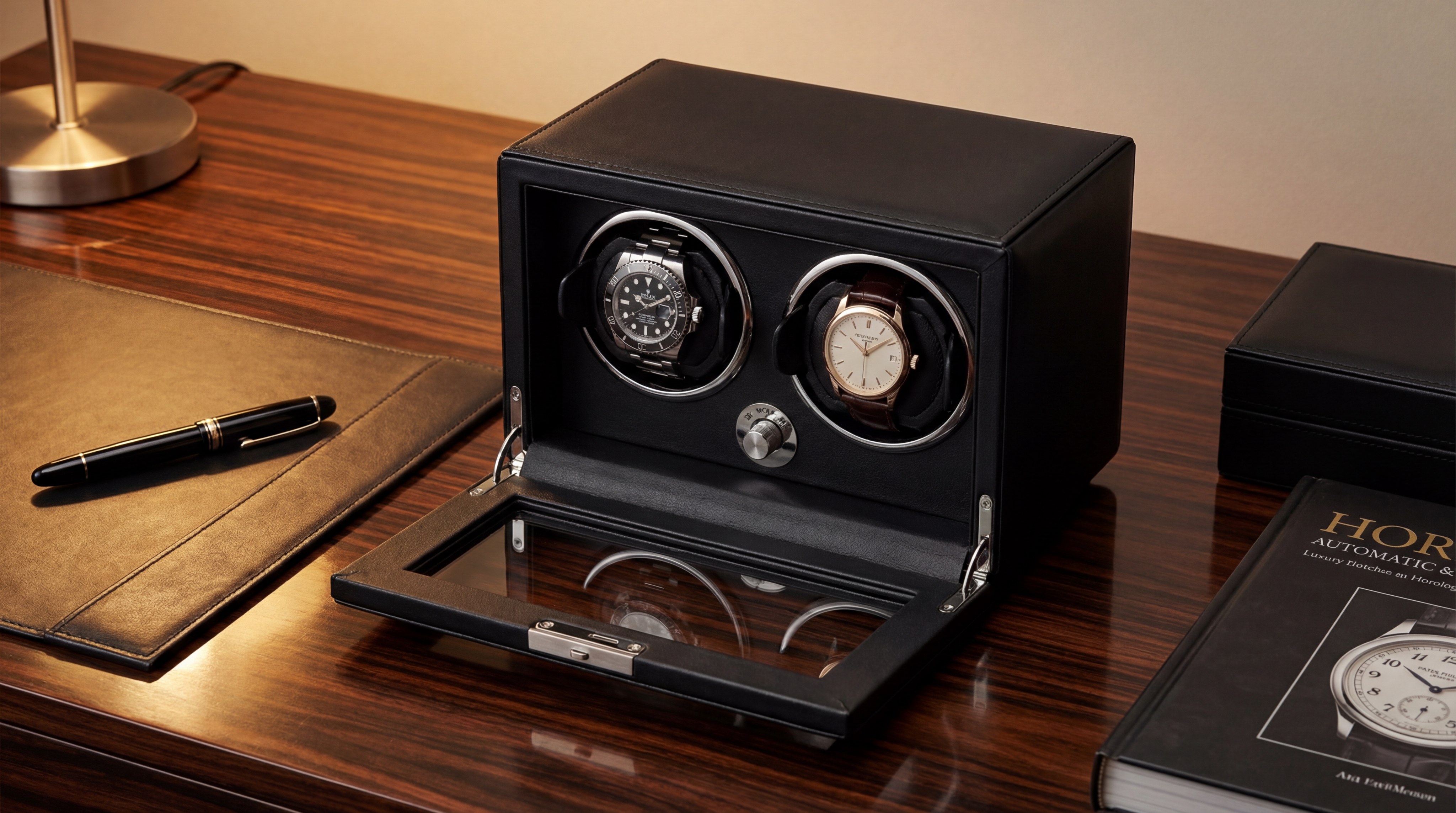 Sleek Black Leather Watch Winder on Polished Wooden Desk