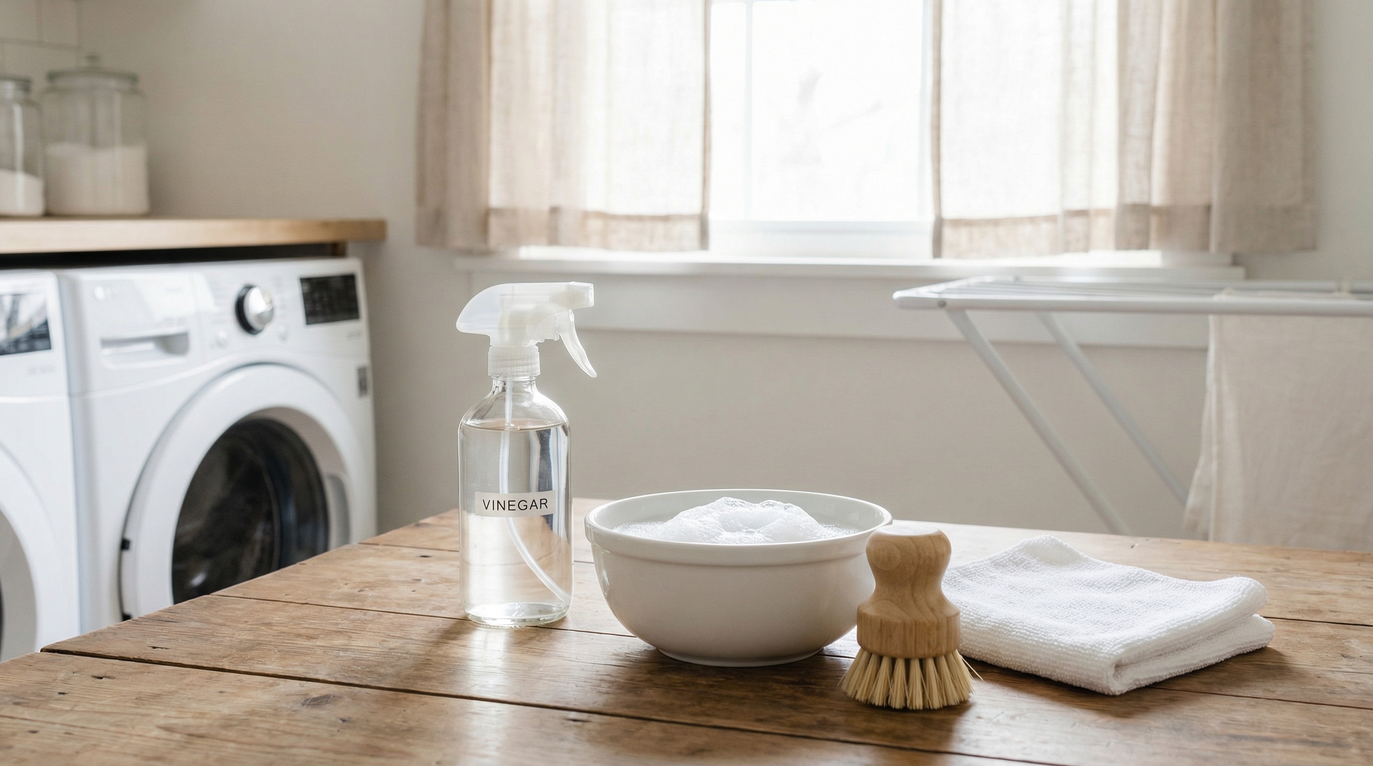 A minimalist cleaning kit setup on a wooden table featuring a spray bottle of vinegar, a bowl of soapy water, a wooden scrub brush, and a folded white microfiber cloth.