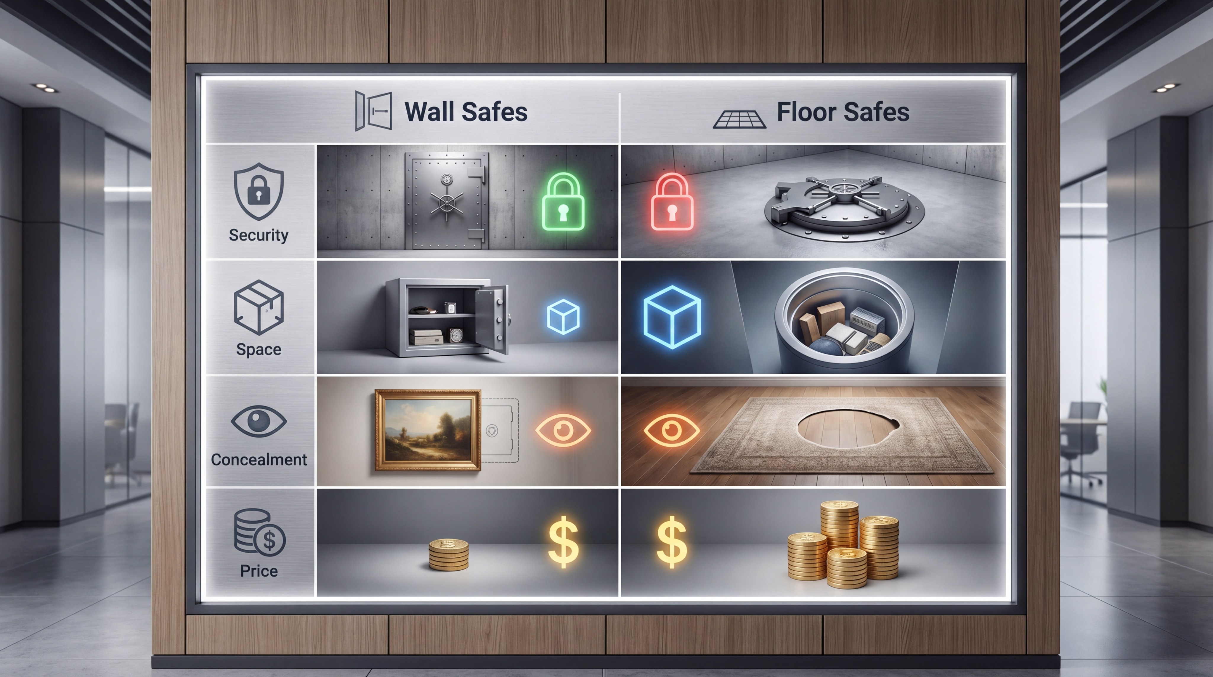 Detailed comparison chart showing Wall Safes vs. Floor Safes across Security and Space.