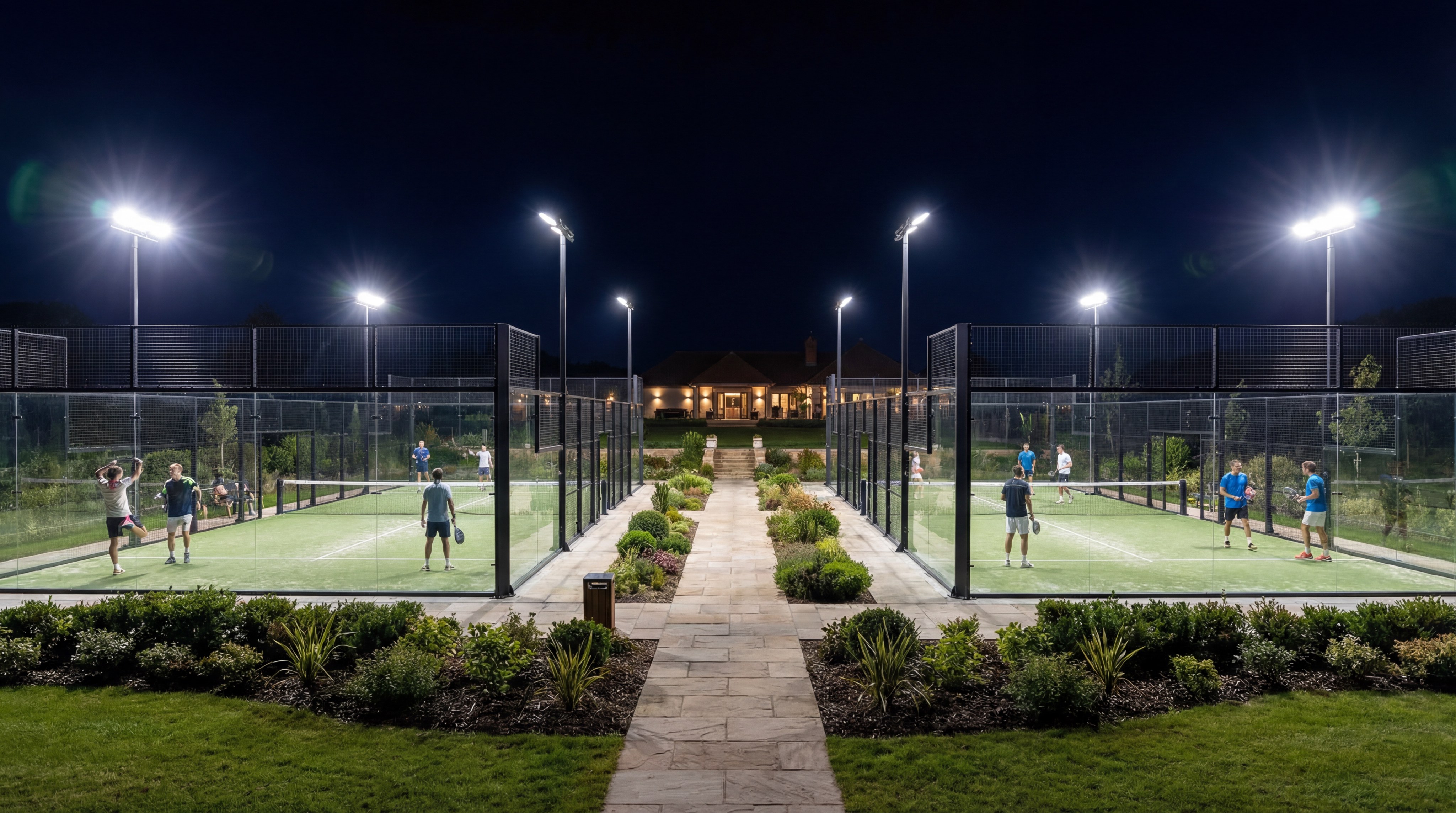Professional night padel court showing high visibility and uniform illumination