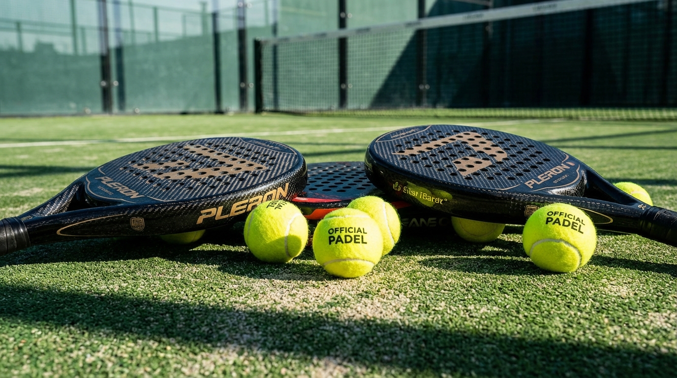 Carbon fiber padel rackets and official balls on a court