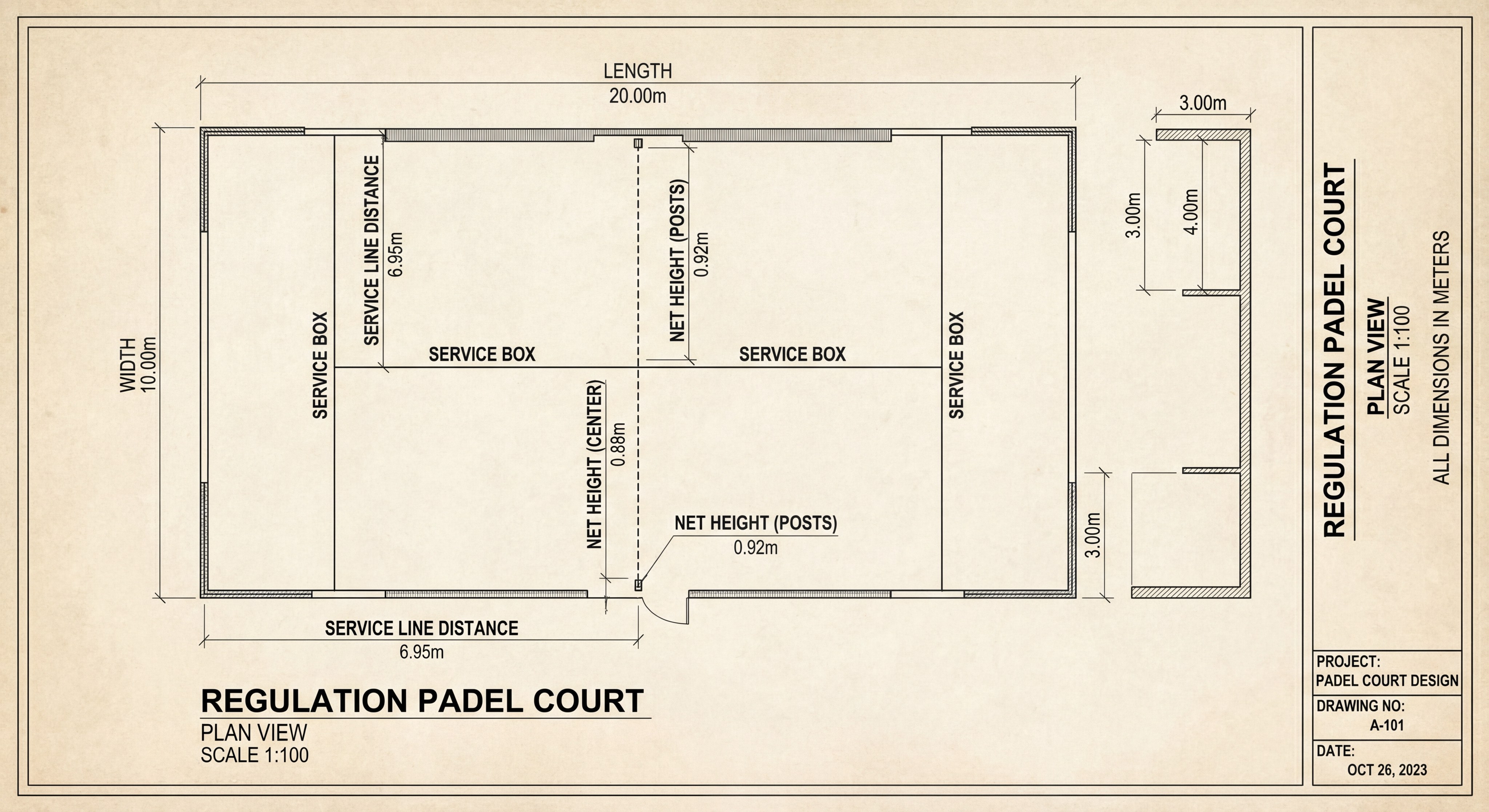 Technical diagram of a regulation padel court showing dimensions.