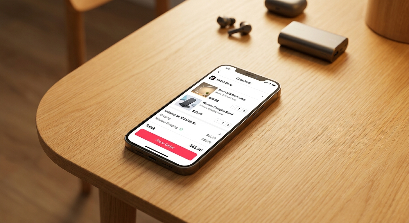 Modern Smartphone Displaying TikTok Shop Checkout Interface with Tech Gadgets