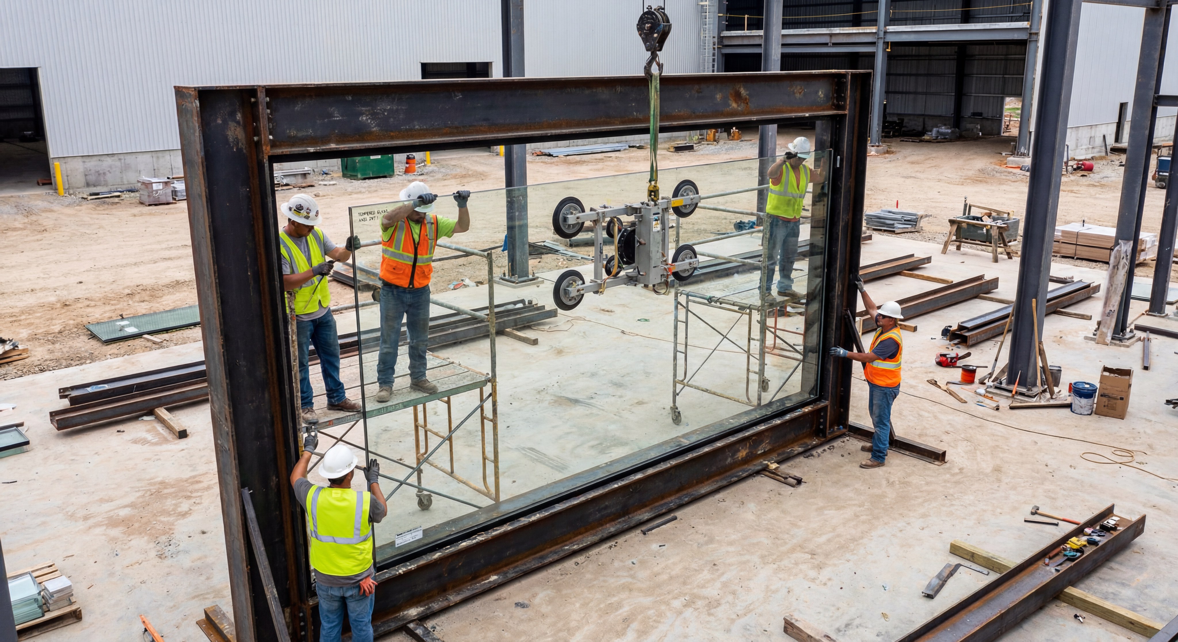 A dramatic shot of a construction crew installing a massive, clear tempered glass panel into a black powder-coated steel frame.