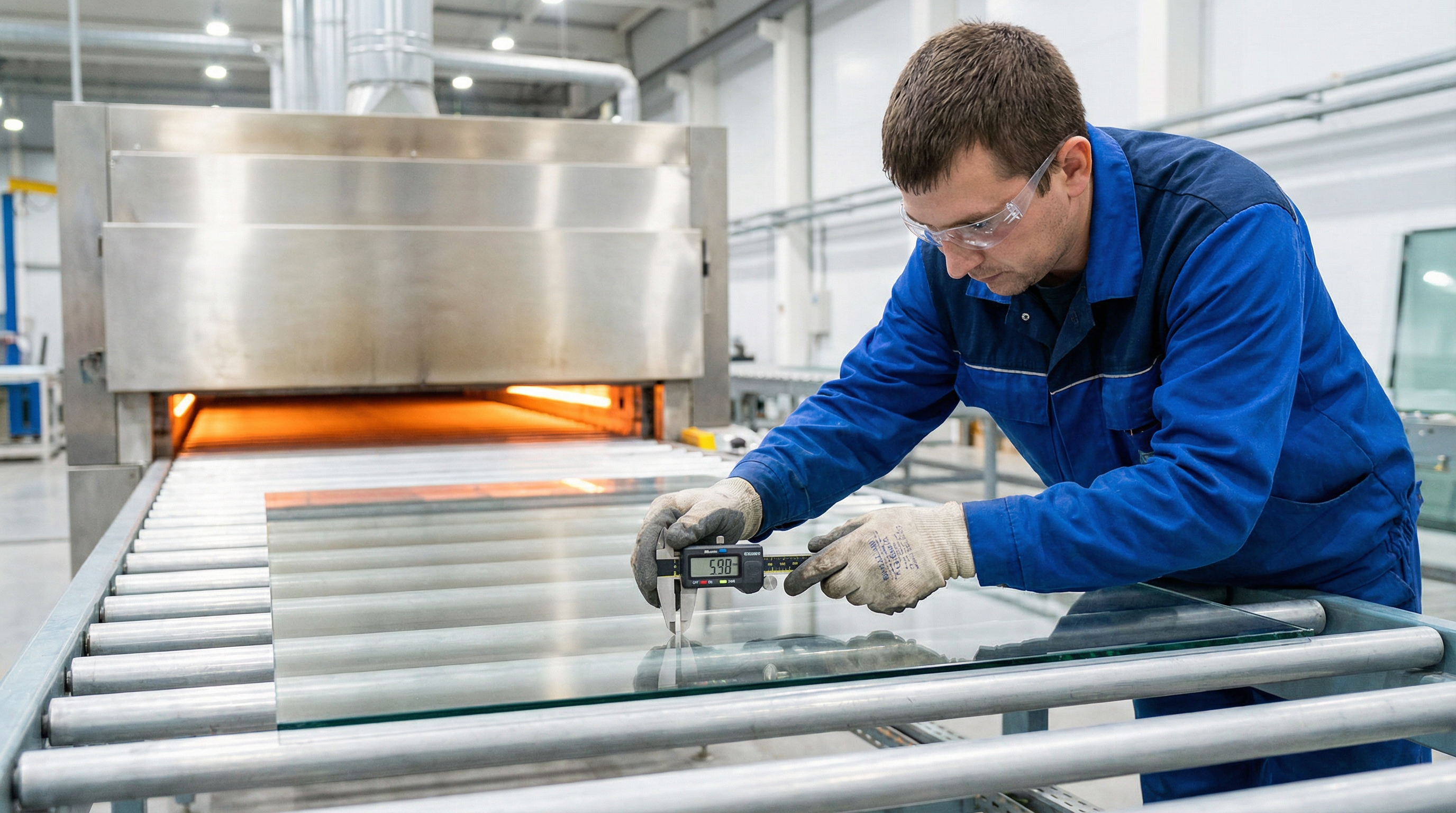 Technician measuring glass sheet with digital caliper