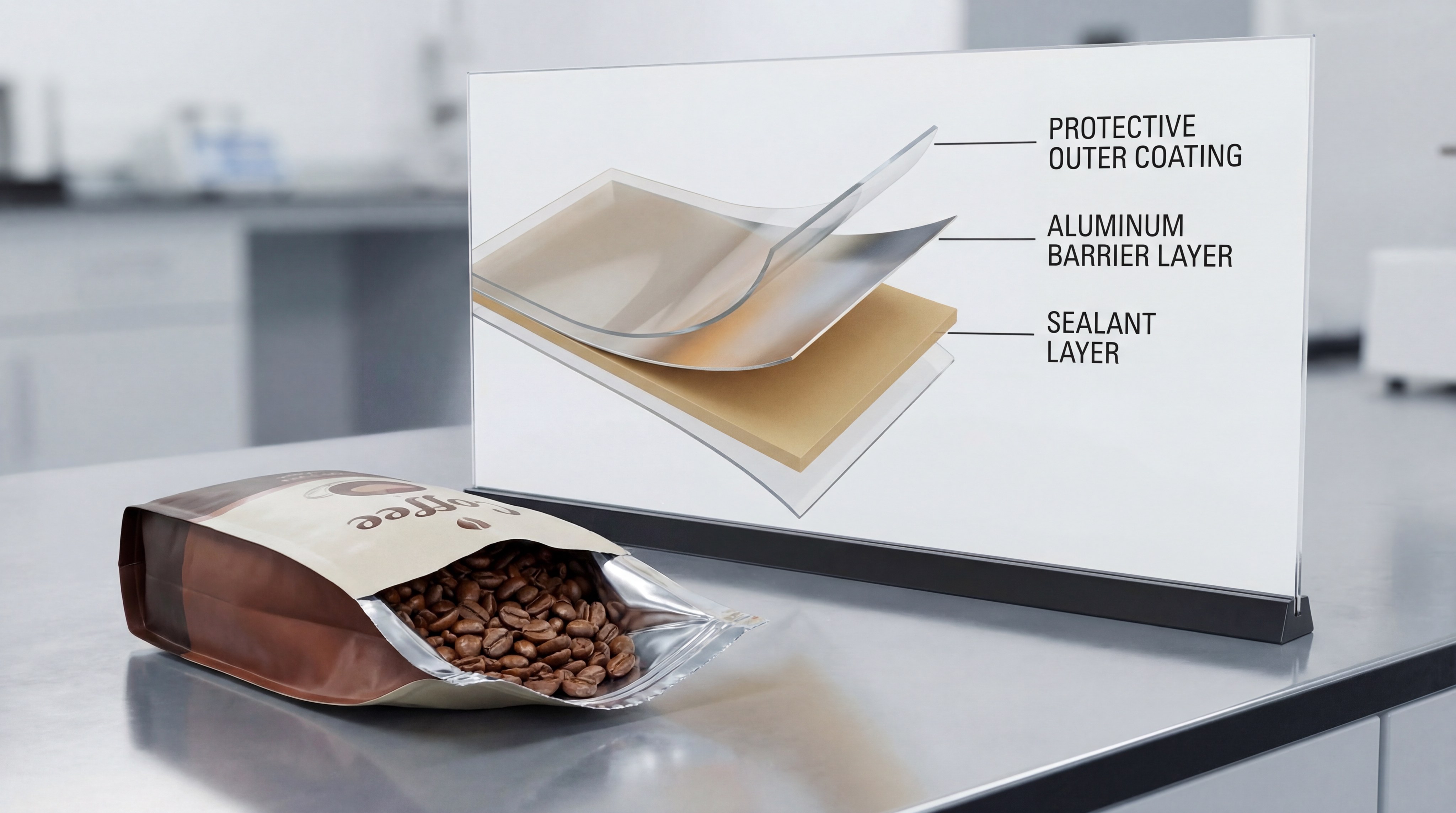 High-barrier packaging material layers used to ensure superior coffee aroma retention.