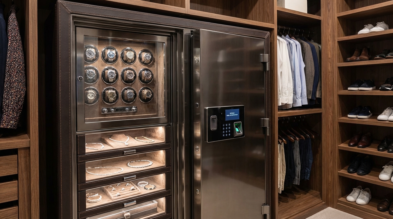 A luxury jewelry safe with watch winder showing organized drawers and rotating modules