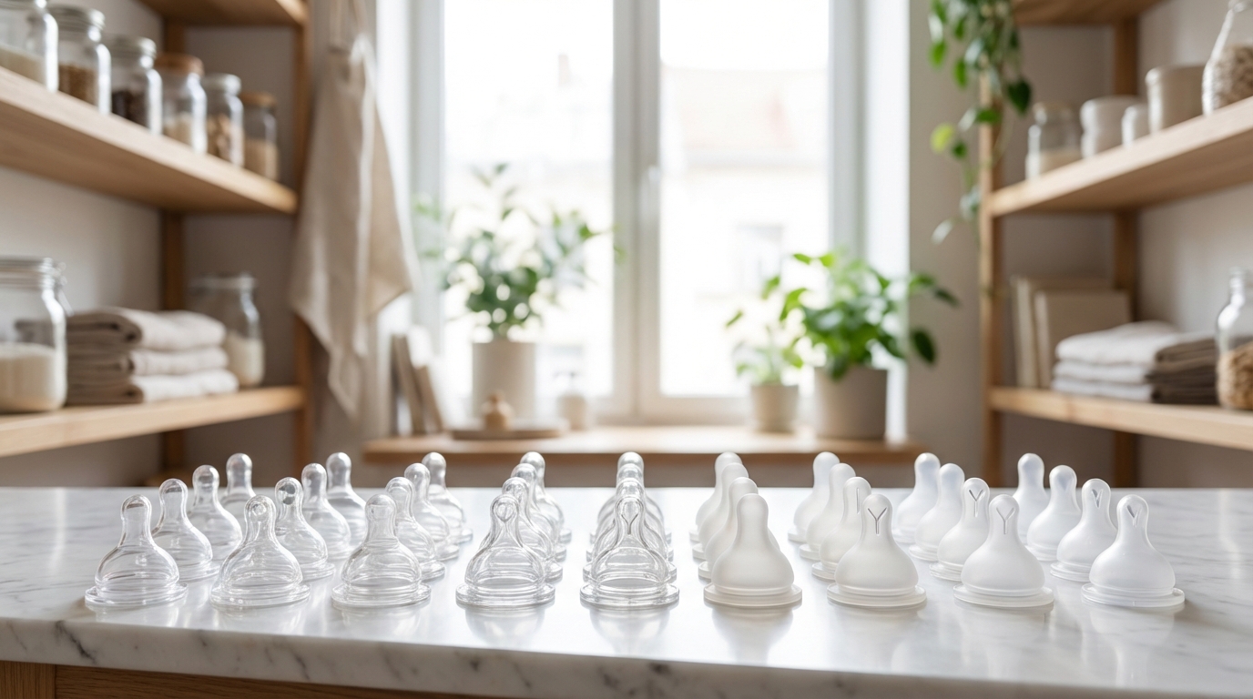 Photorealistic 16:9 image showing a variety of silicone nipple types arranged neatly on a marble countertop, differing hole shapes visible, bright and airy boutique feel.
