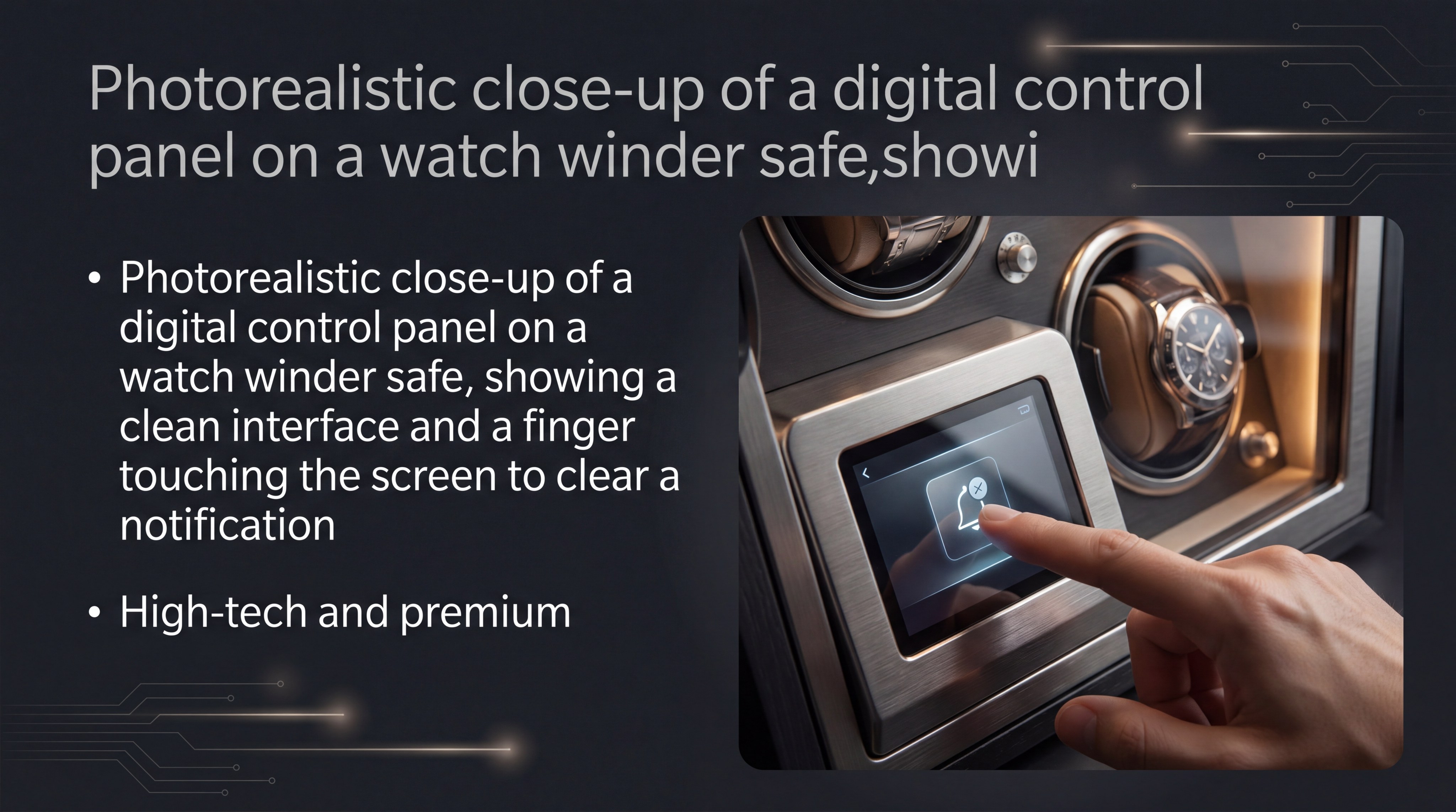 A photorealistic close-up of a digital control panel on a watch winder safe, showing a finger touch