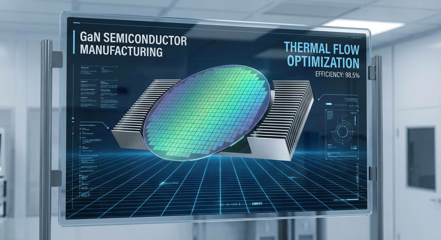 A high-tech GaN semiconductor wafer on display showing thermal flow optimization metrics