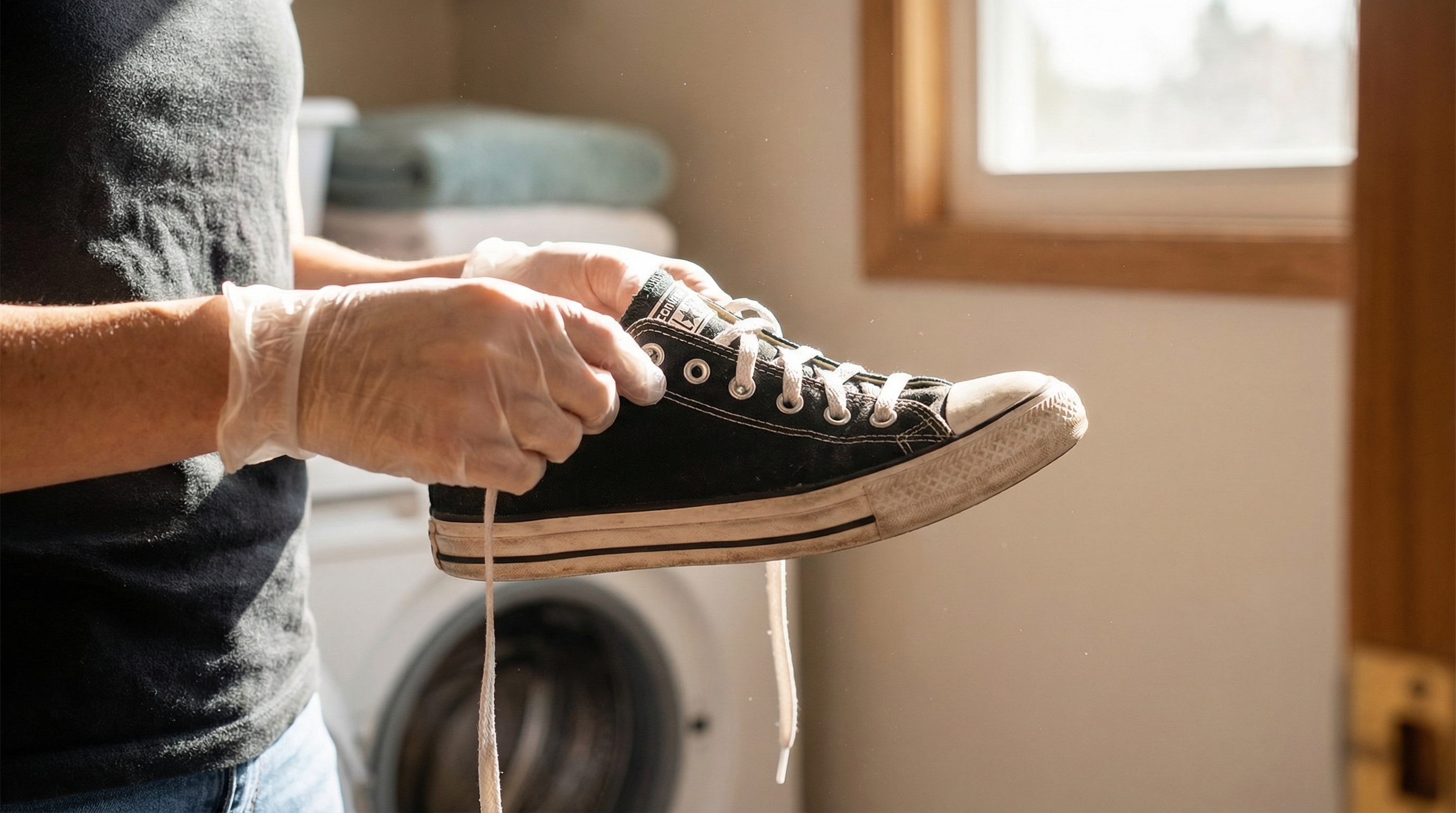 Hands removing shoe laces from a black canvas sneaker before washing