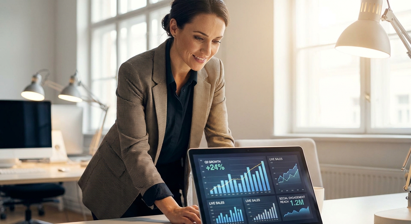 Digital Entrepreneur Reviewing Real-Time Sales Analytics in Modern Office