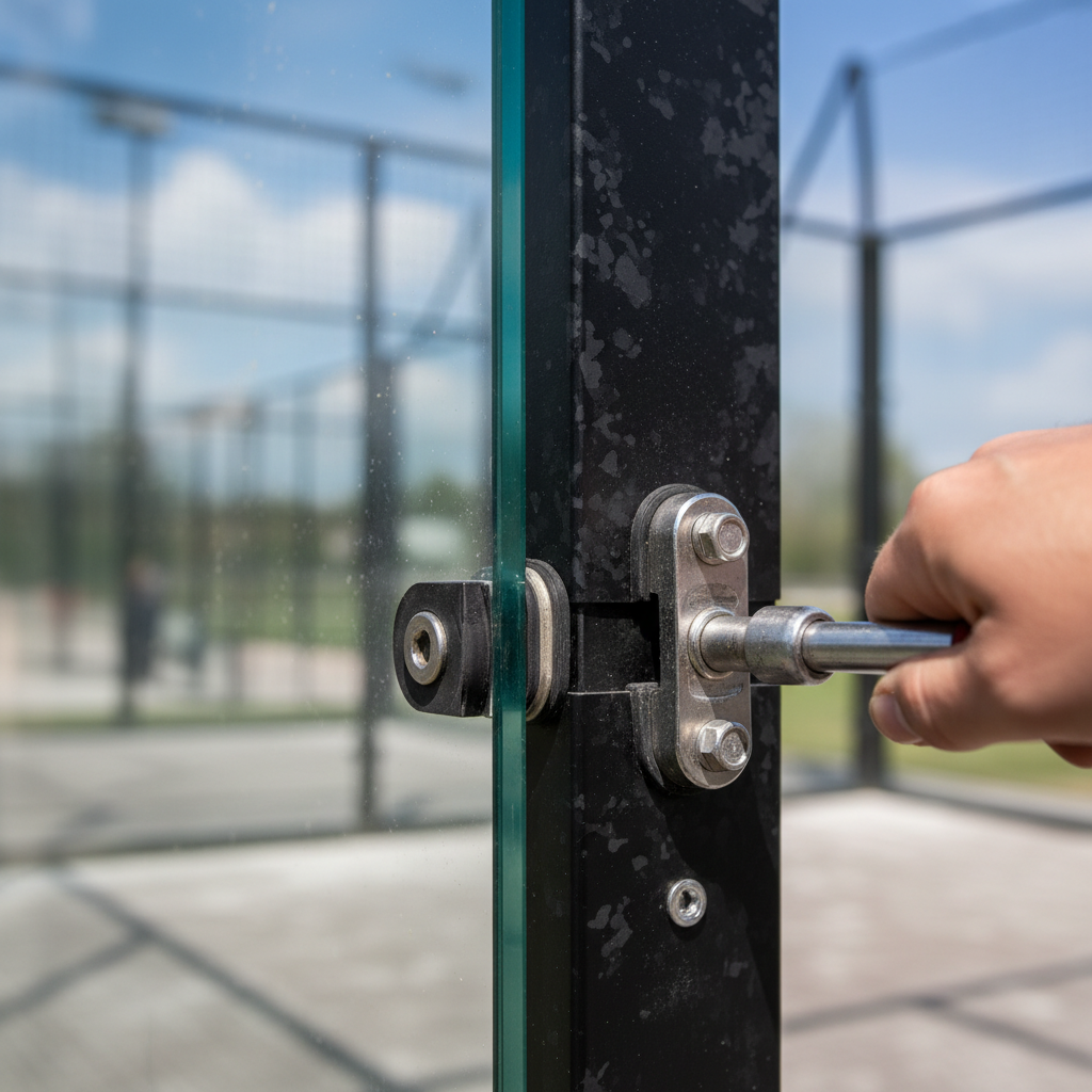 Macro shot of padel glass and steel frame assembly