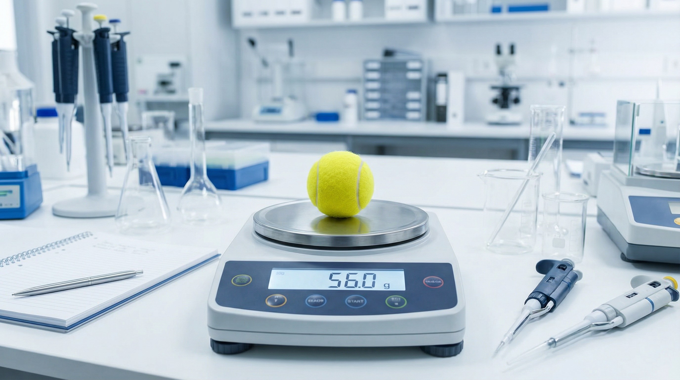 High-angle shot of a precision scale weighing a padel ball and a tennis ball, highlighting the 56-gram measurement.