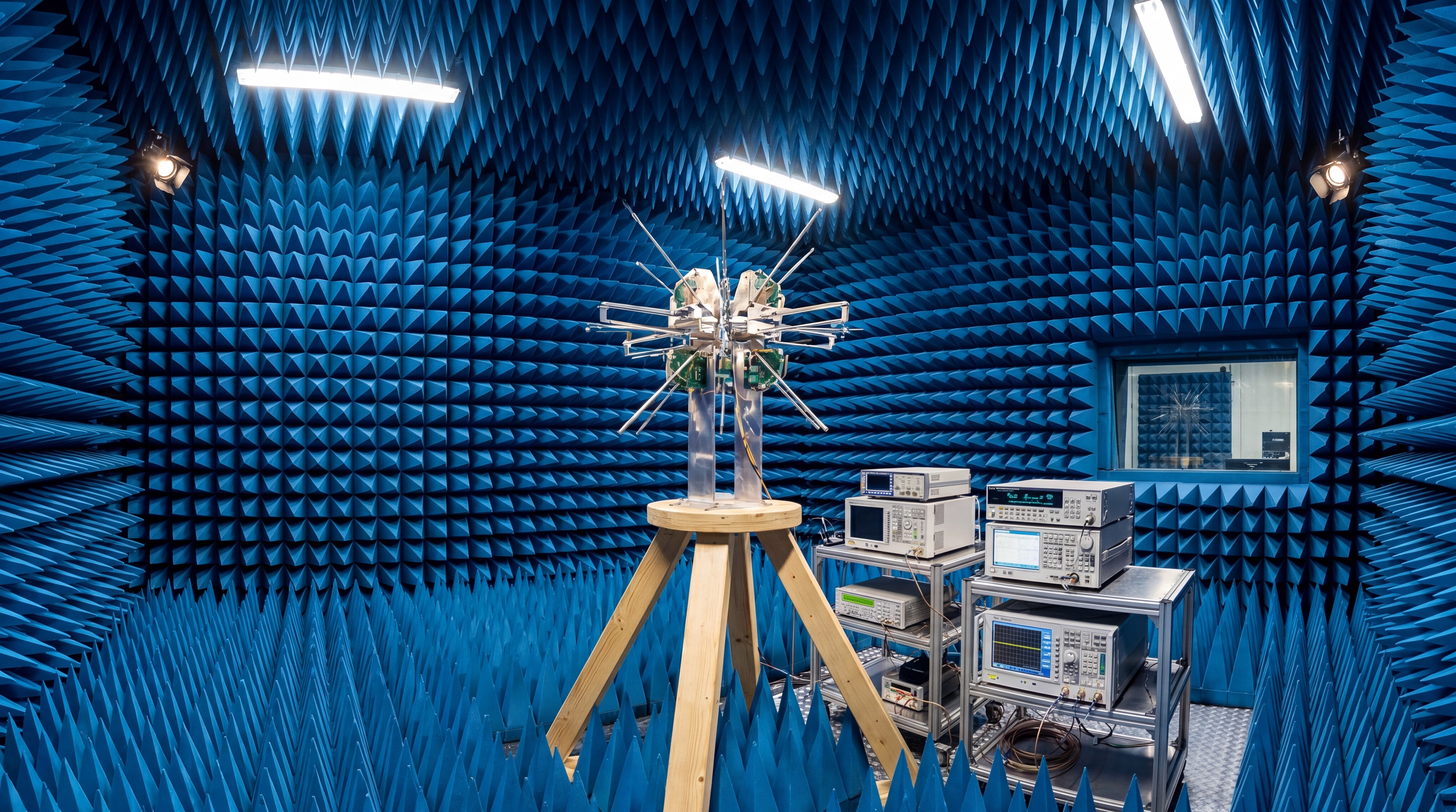 Advanced custom antenna array being tested inside a professional RF anechoic chamber