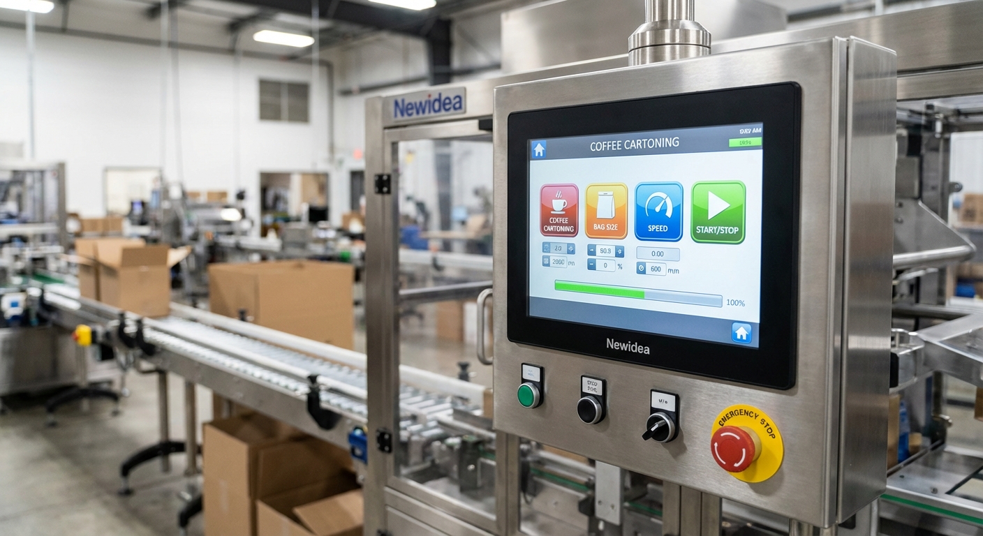 A detailed view of a Newidea automatic cartoning machine HMI panel, highlighting the user-friendly interface for operators.
