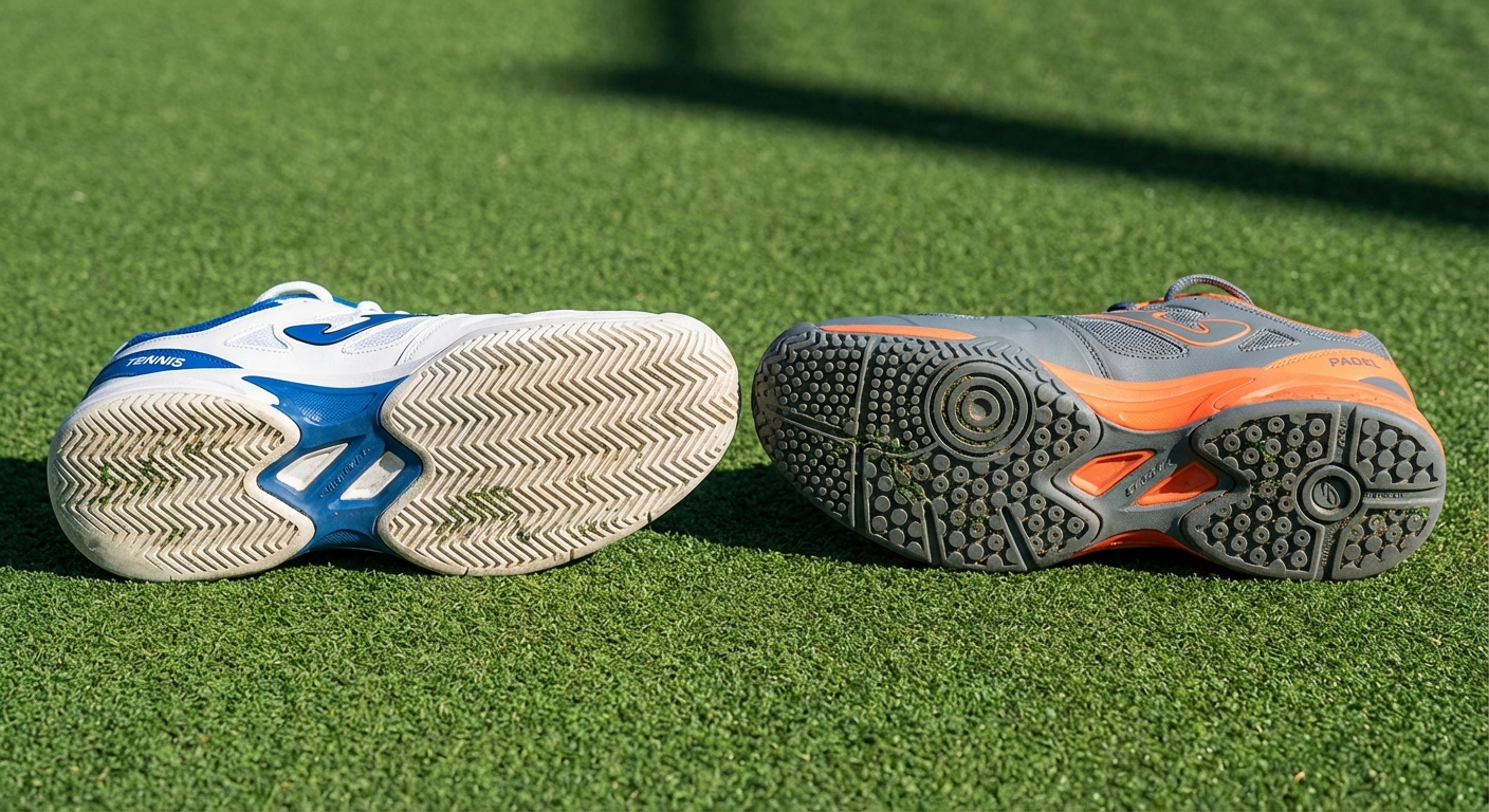 A side-by-side comparison of a tennis shoe sole and a padel shoe sole, highlighting the differences in tread patterns on a court.