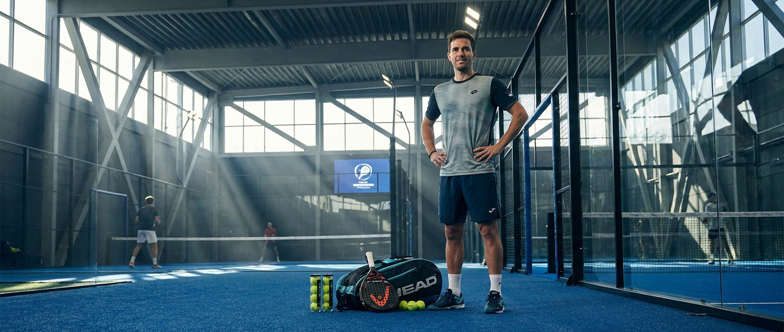Player in an indoor padel arena wearing technical gear