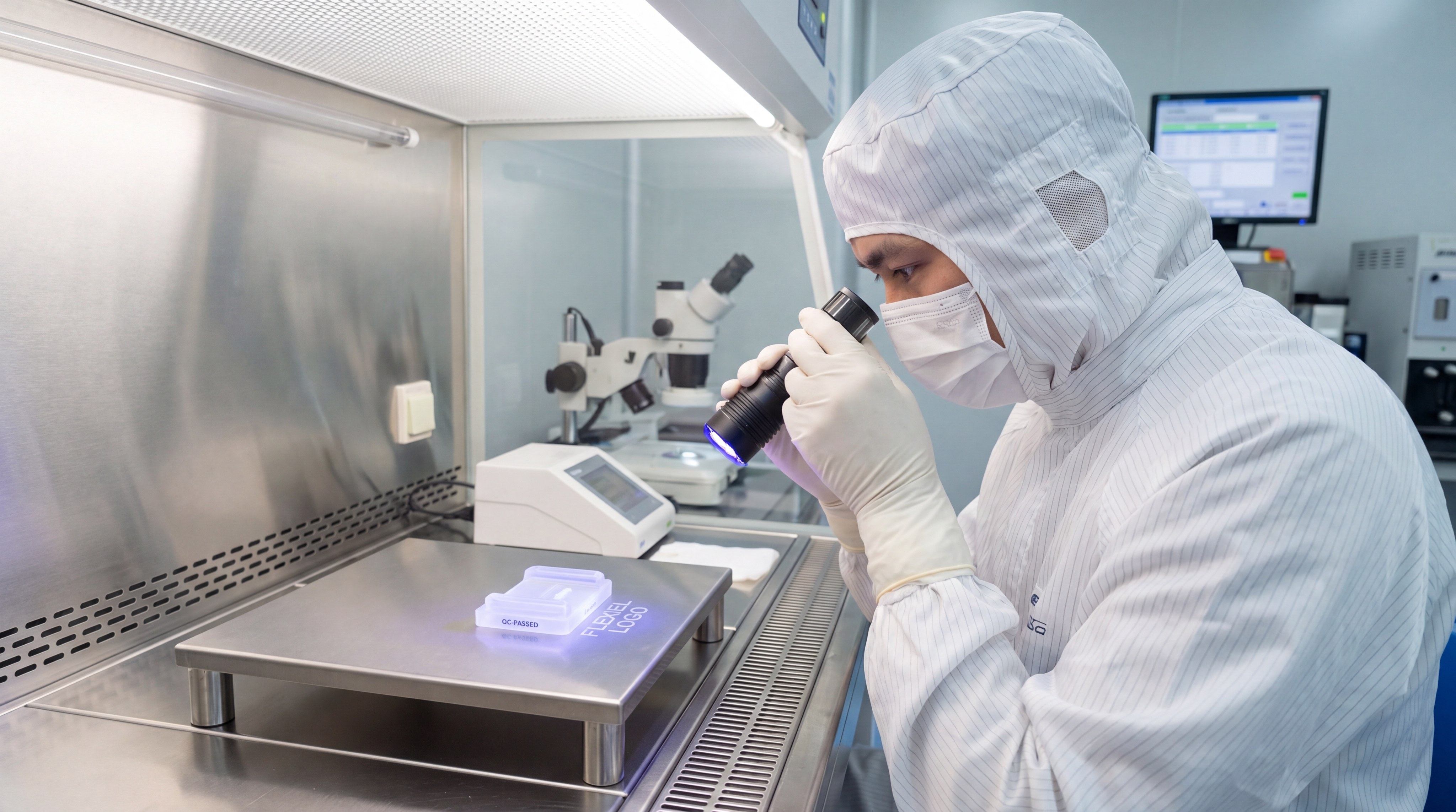 A technician in a cleanroom suit using a handheld UV light to inspect the quality and adhesion of a printed logo on a transparent silicone part.