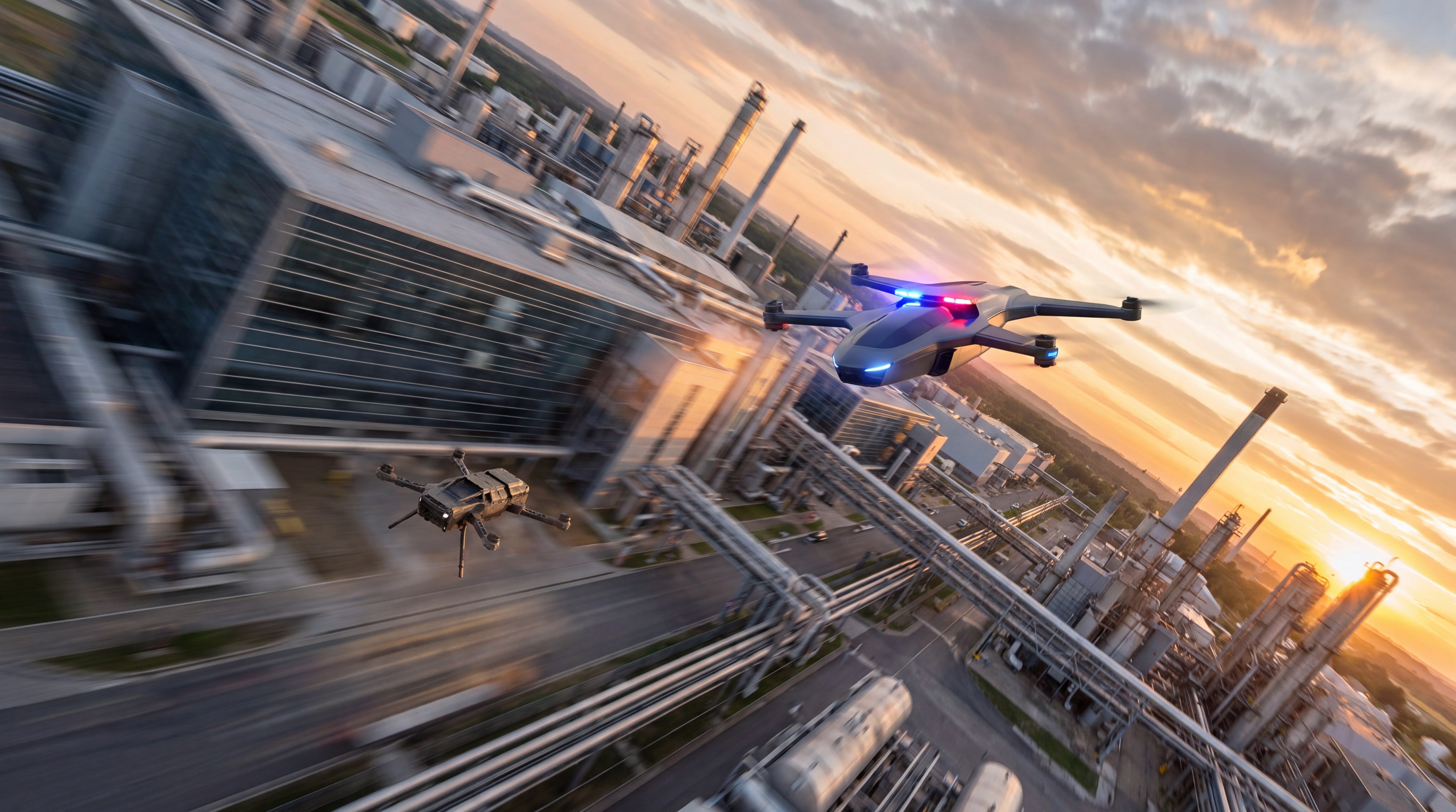 A high-speed interceptor drone pursuing a hostile UAV over an industrial complex during sunset