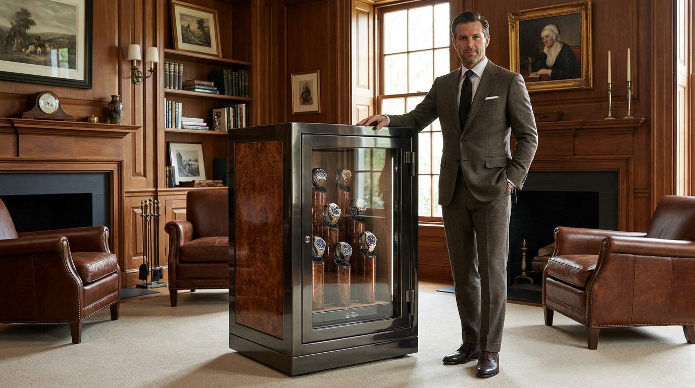 Close-up view of the velvet-lined interior of a luxury watch safe with high-capacity storage