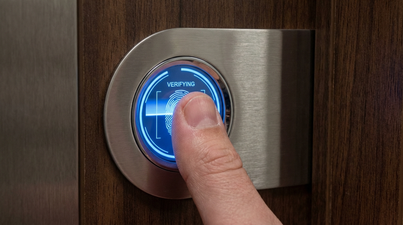 Biometric thumb scanner on safe