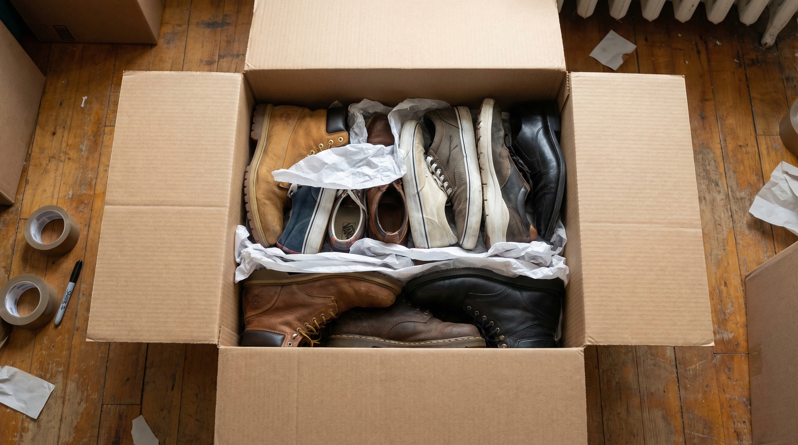 A top-down view of a moving box expertly packed with shoes using the heel-to-toe interlocking method and paper void fillers.