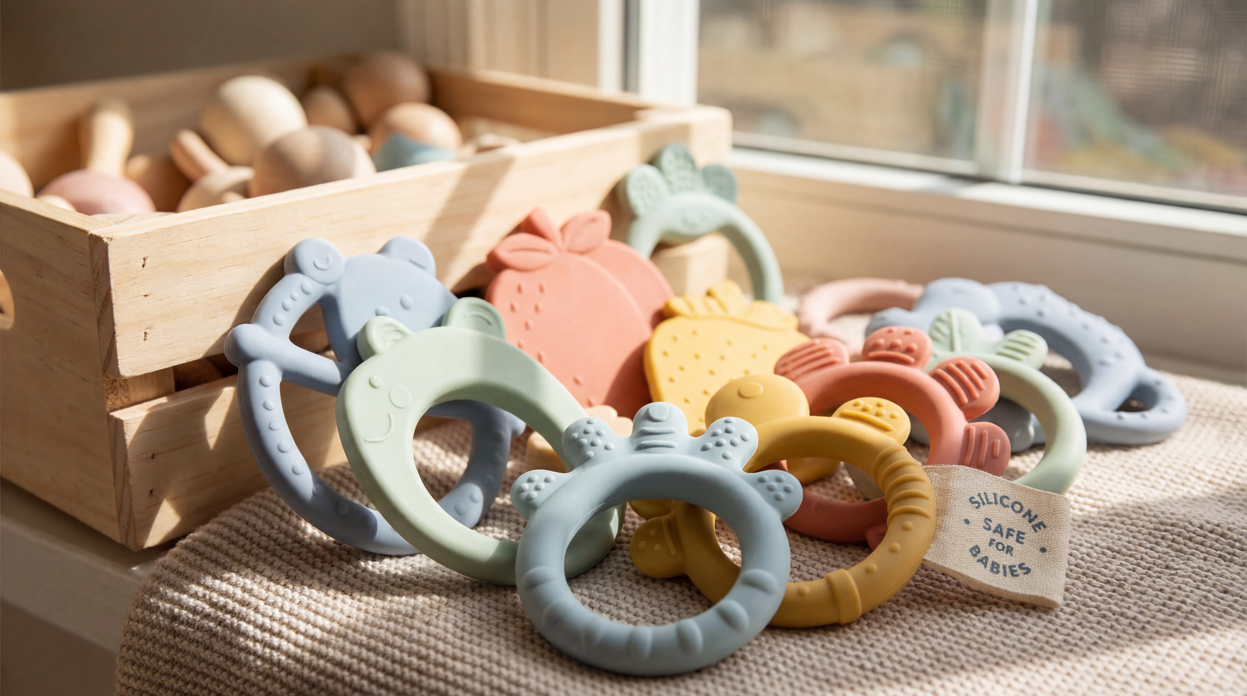 A collection of ergonomic silicone baby teethers in various shapes and textures