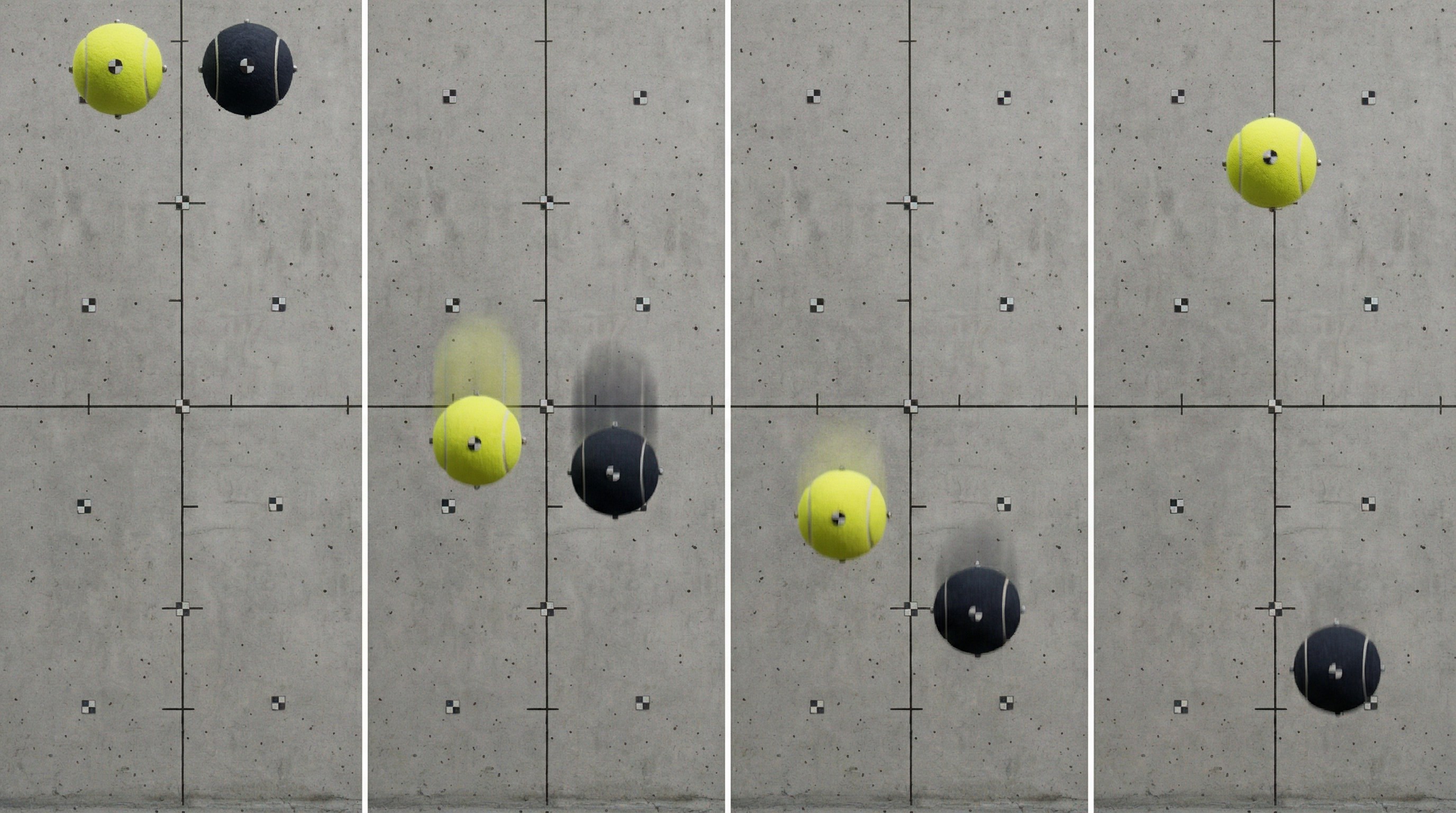 Motion capture sequence showing two balls dropped simultaneously, with the tennis ball reaching a visibly higher peak than the padel ball.